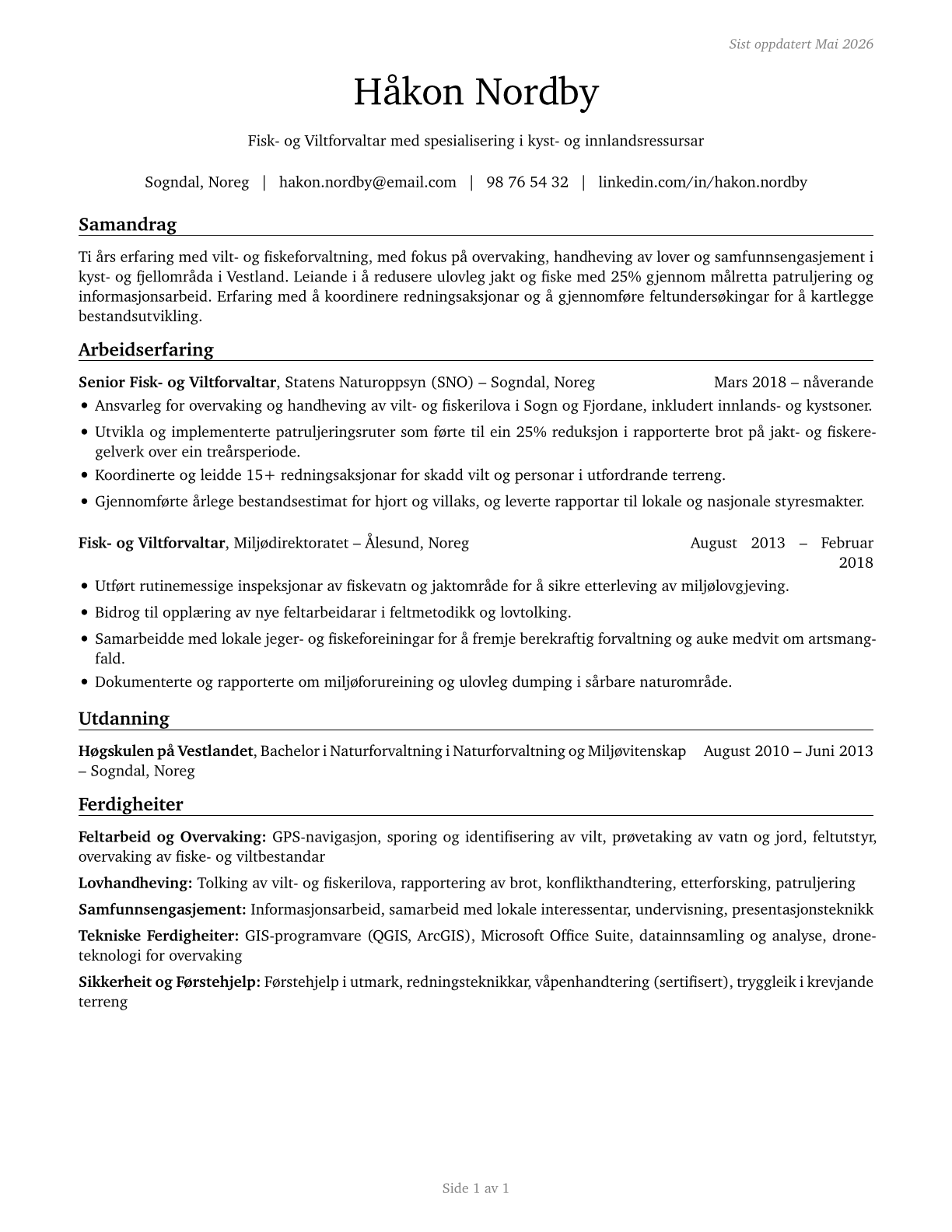 Fish and Game Wardens CV in Norwegian_nynorsk — page 1
