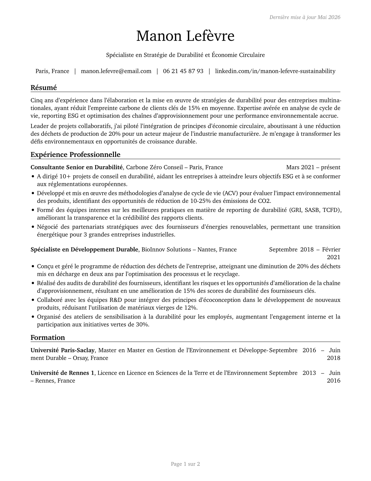Sustainability Specialists CV in French — page 1