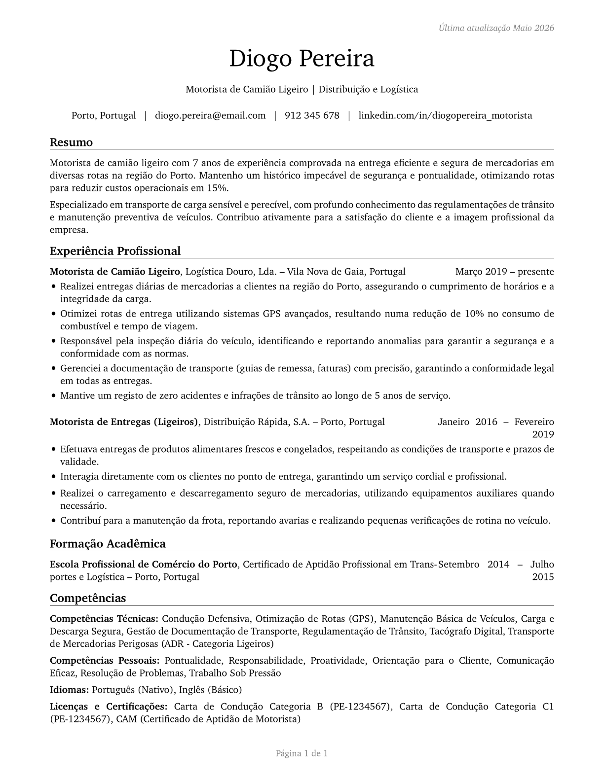 Light Truck Drivers CV in Portuguese — page 1