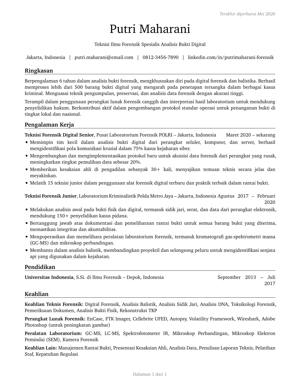 Forensic Science Technicians CV in Indonesian — page 1