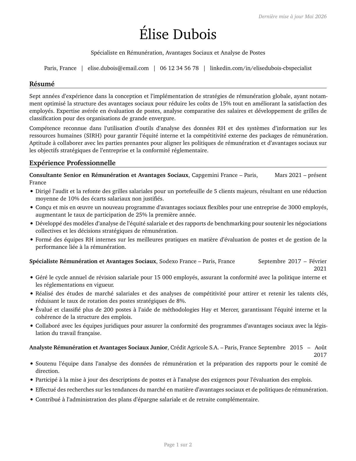 Compensation, Benefits, and Job Analysis Specialists CV in French — page 1