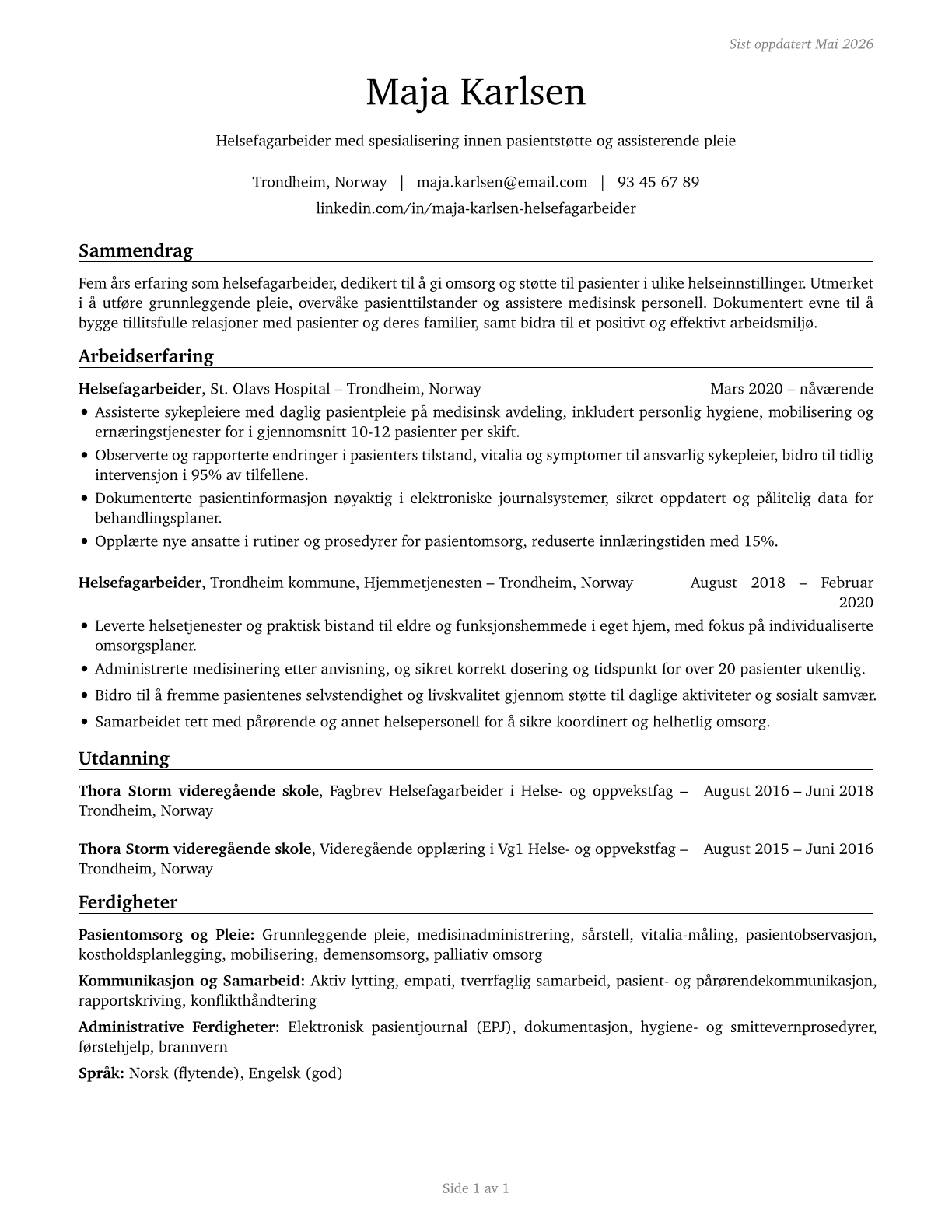 Healthcare Support Workers, All Other CV in Norwegian_bokmal — page 1