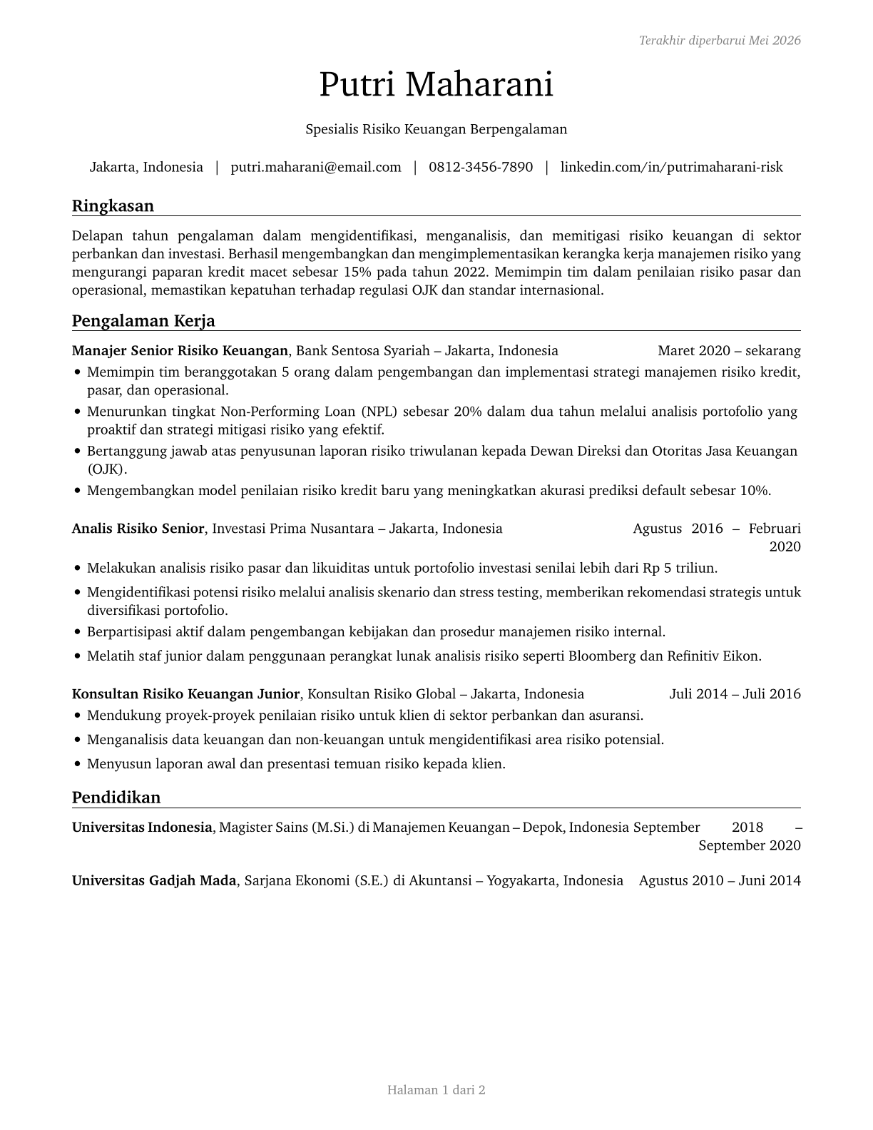 Financial Risk Specialists CV in Indonesian — page 1
