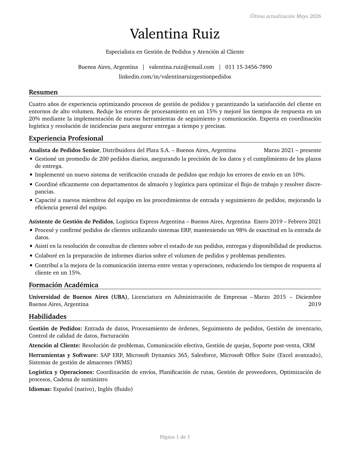 Order Clerks CV in Spanish — page 1