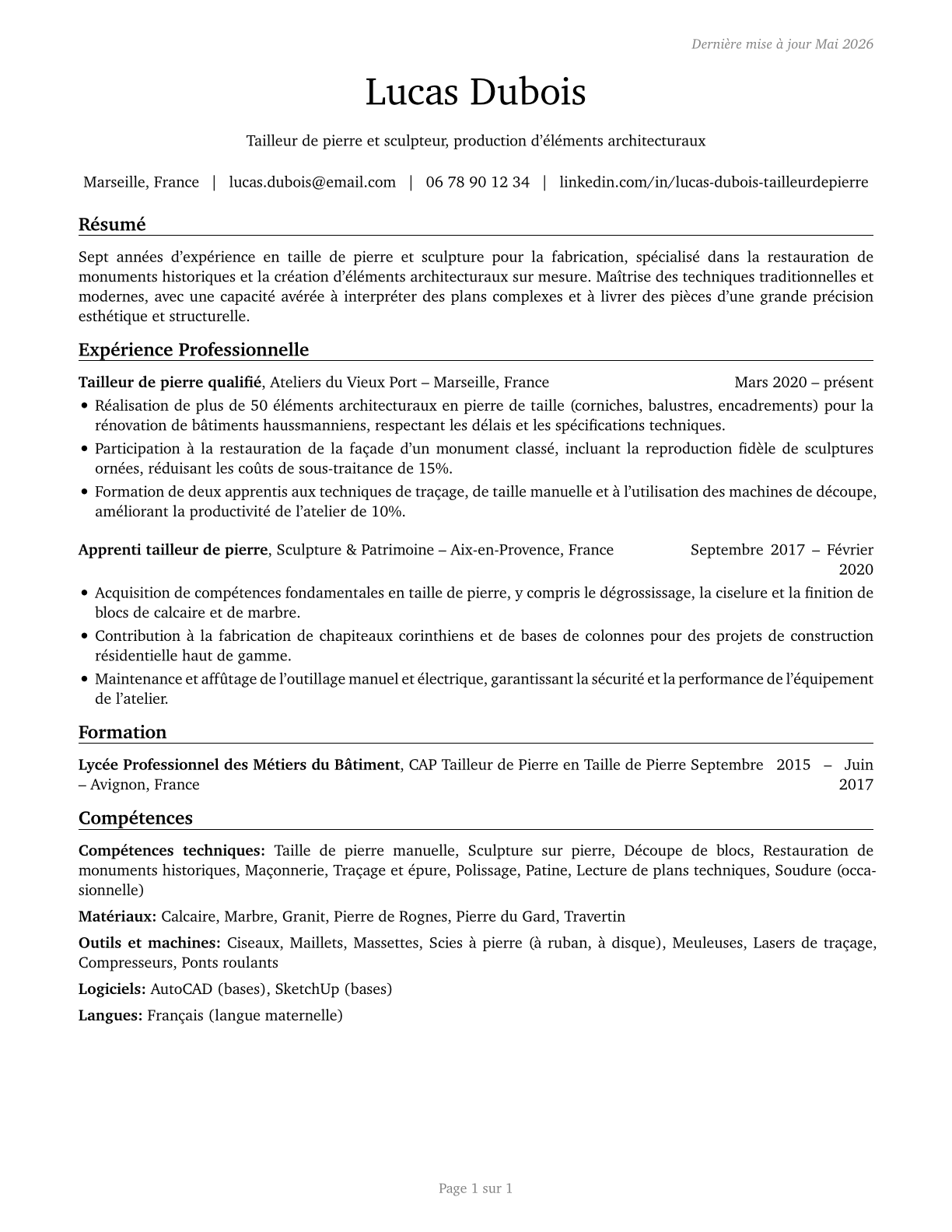 Stone Cutters and Carvers, Manufacturing CV in French — page 1