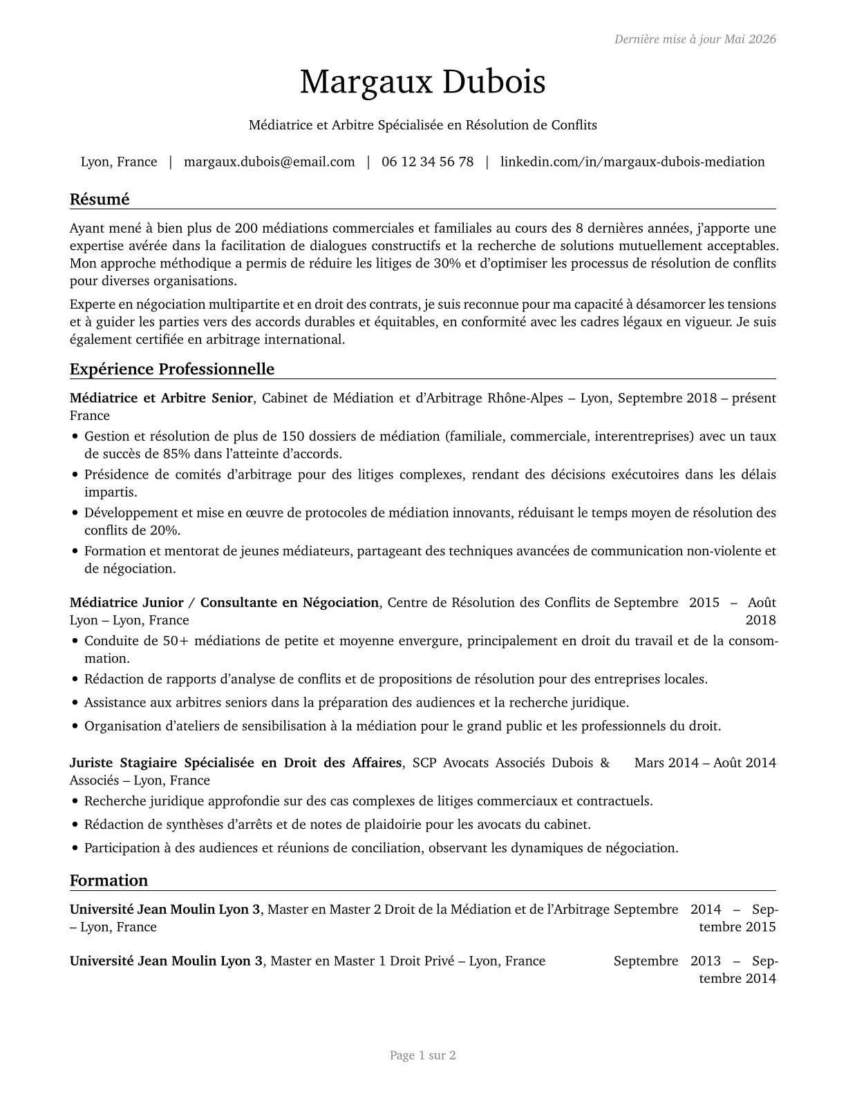 Arbitrators, Mediators, and Conciliators CV in French — page 1