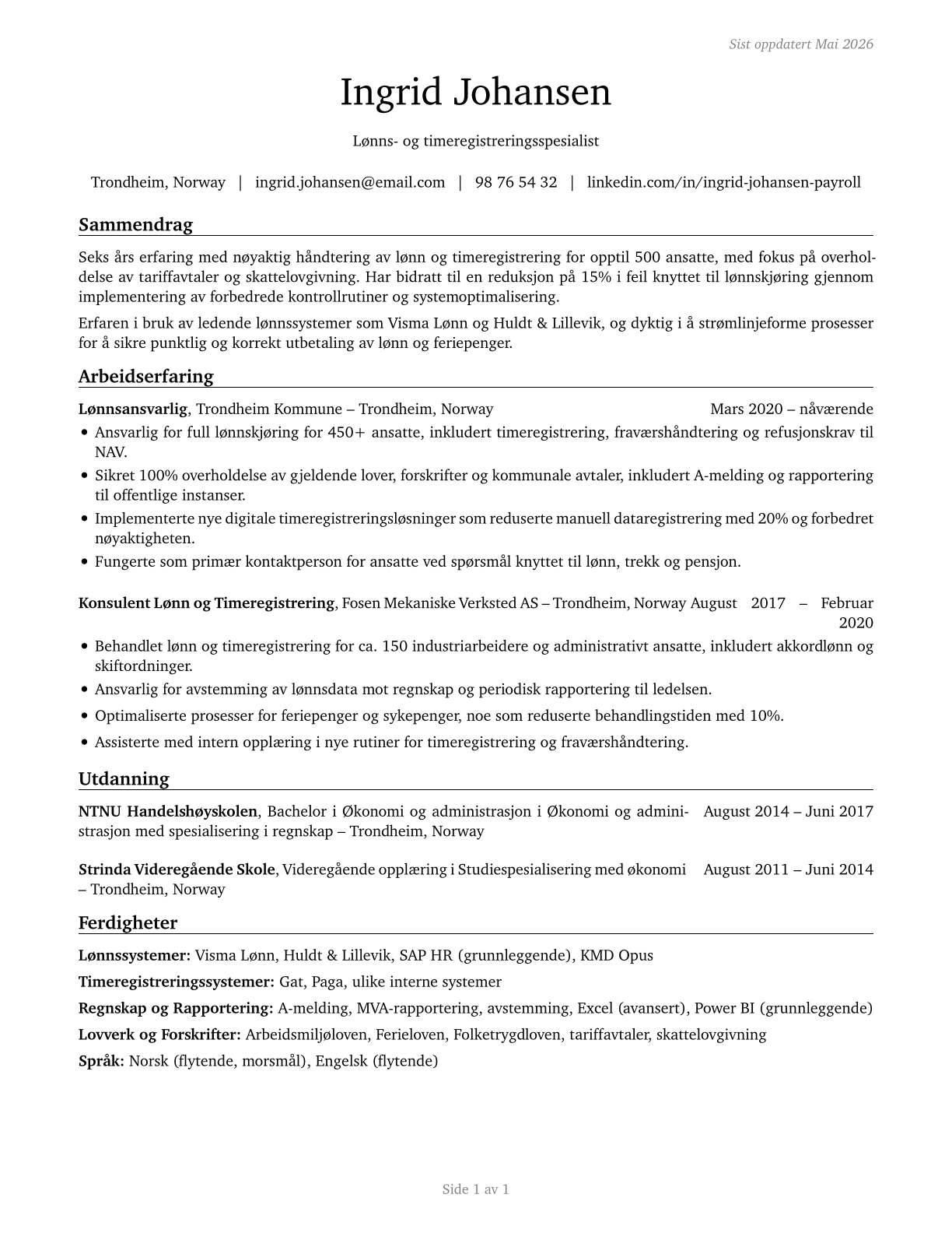 Payroll and Timekeeping Clerks CV in Norwegian_bokmal — page 1