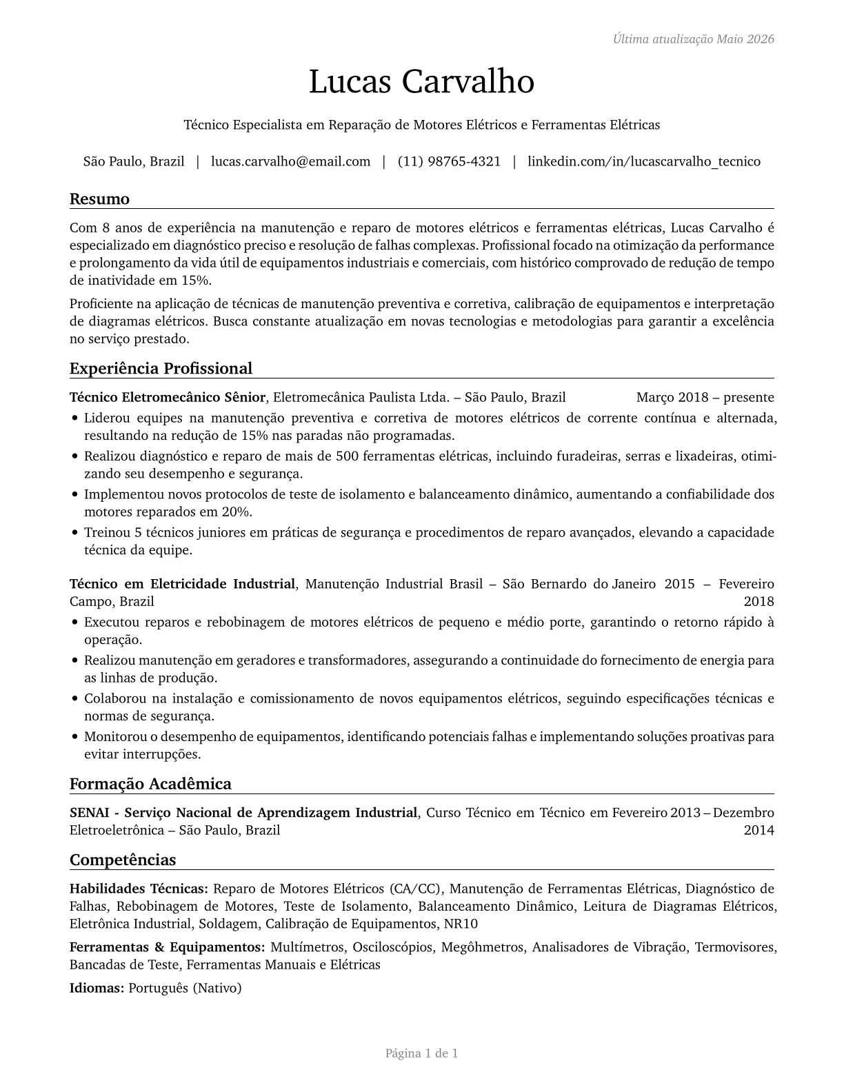 Electric Motor, Power Tool, and Related Repairers CV in Portuguese — page 1