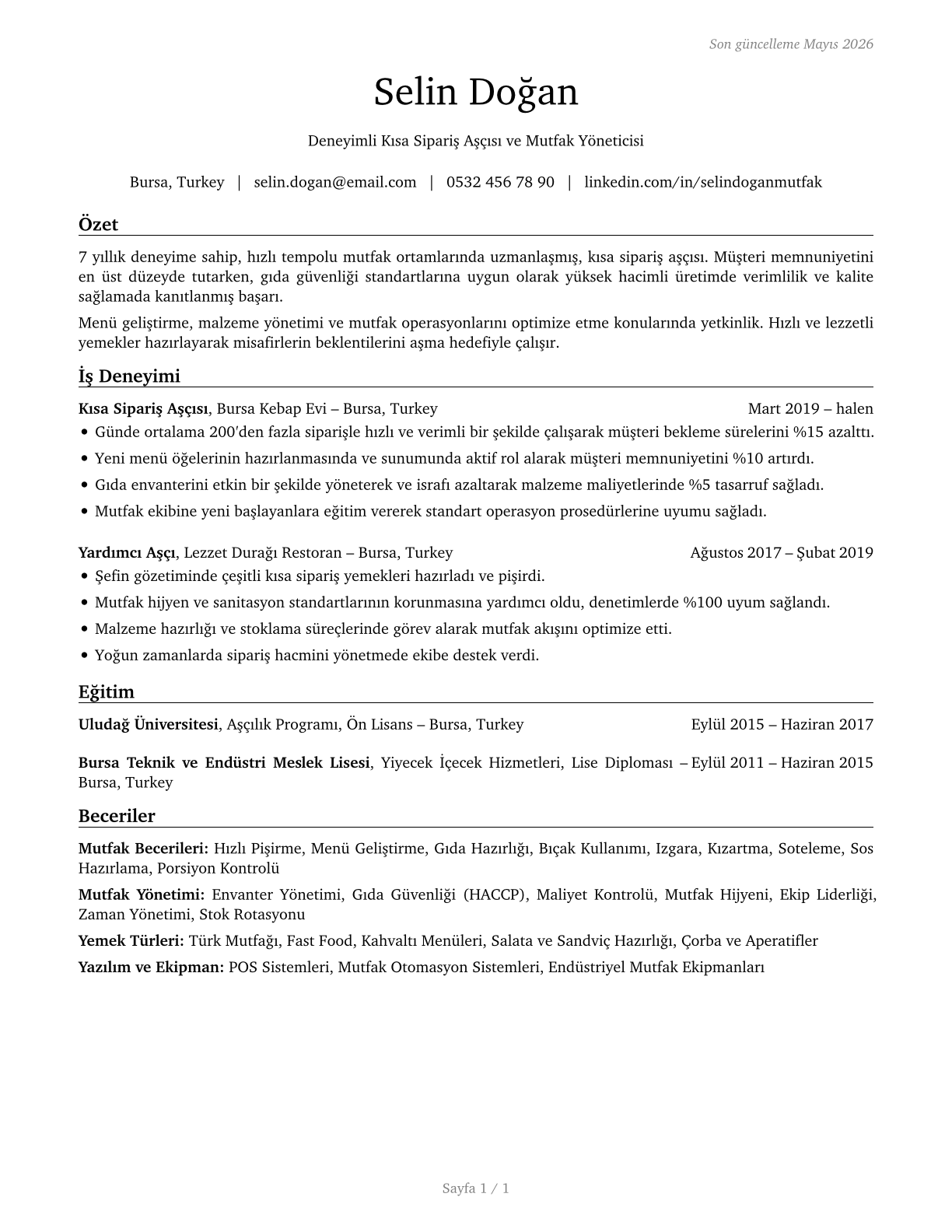 Cooks, Short Order CV in Turkish — page 1