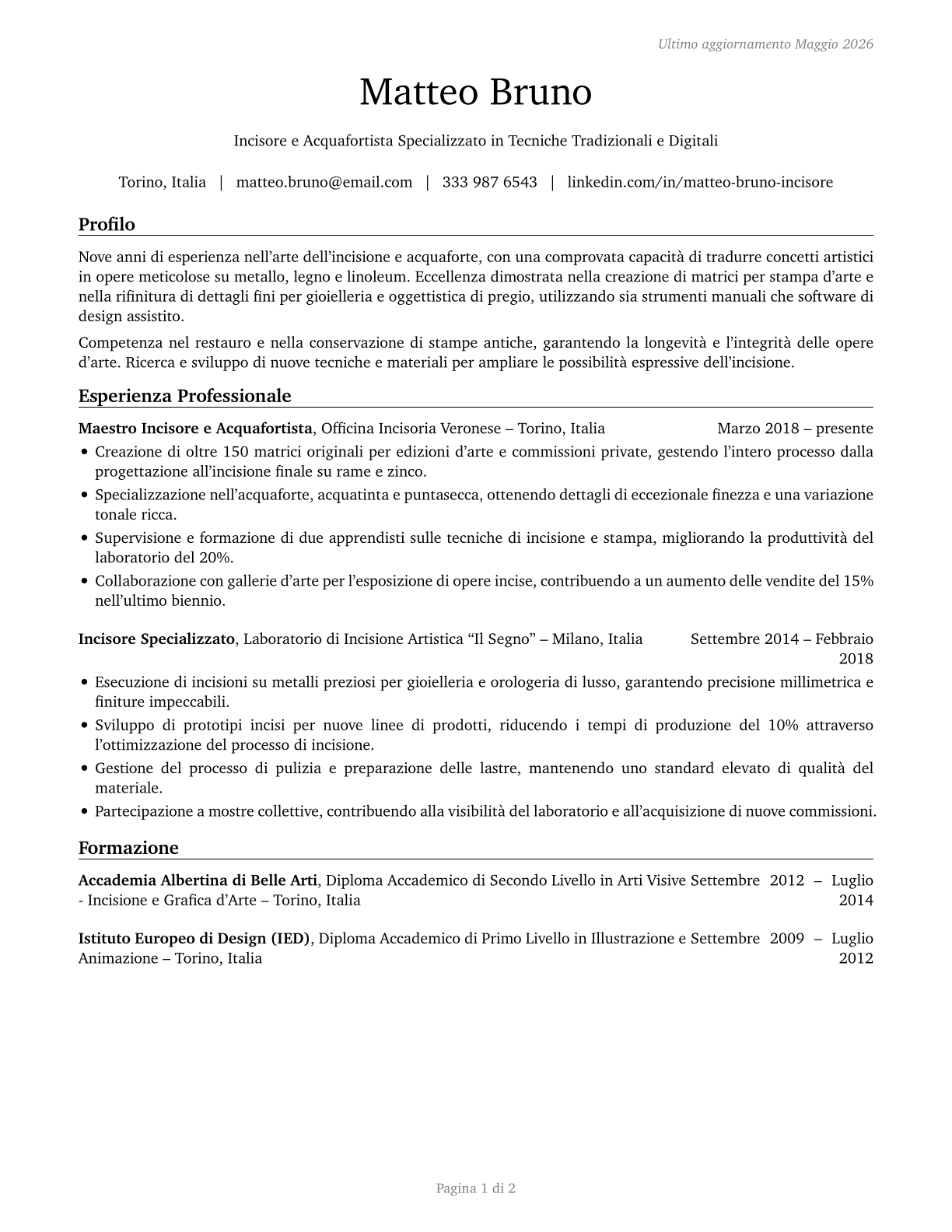 Etchers and Engravers CV in Italian — page 1