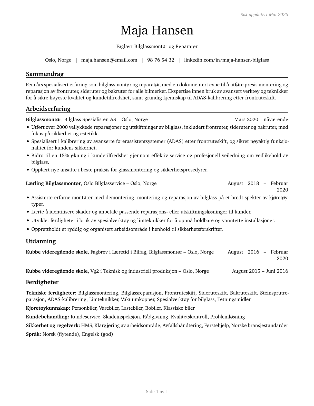 Automotive Glass Installers and Repairers CV in Norwegian_bokmal — page 1