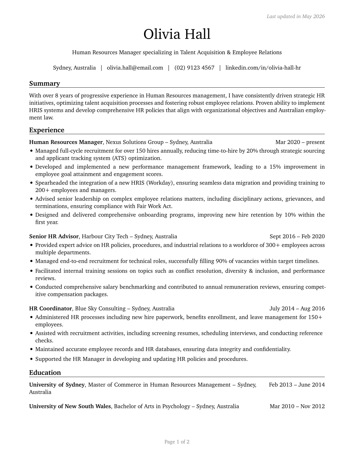 Human Resources Managers CV in English — page 1
