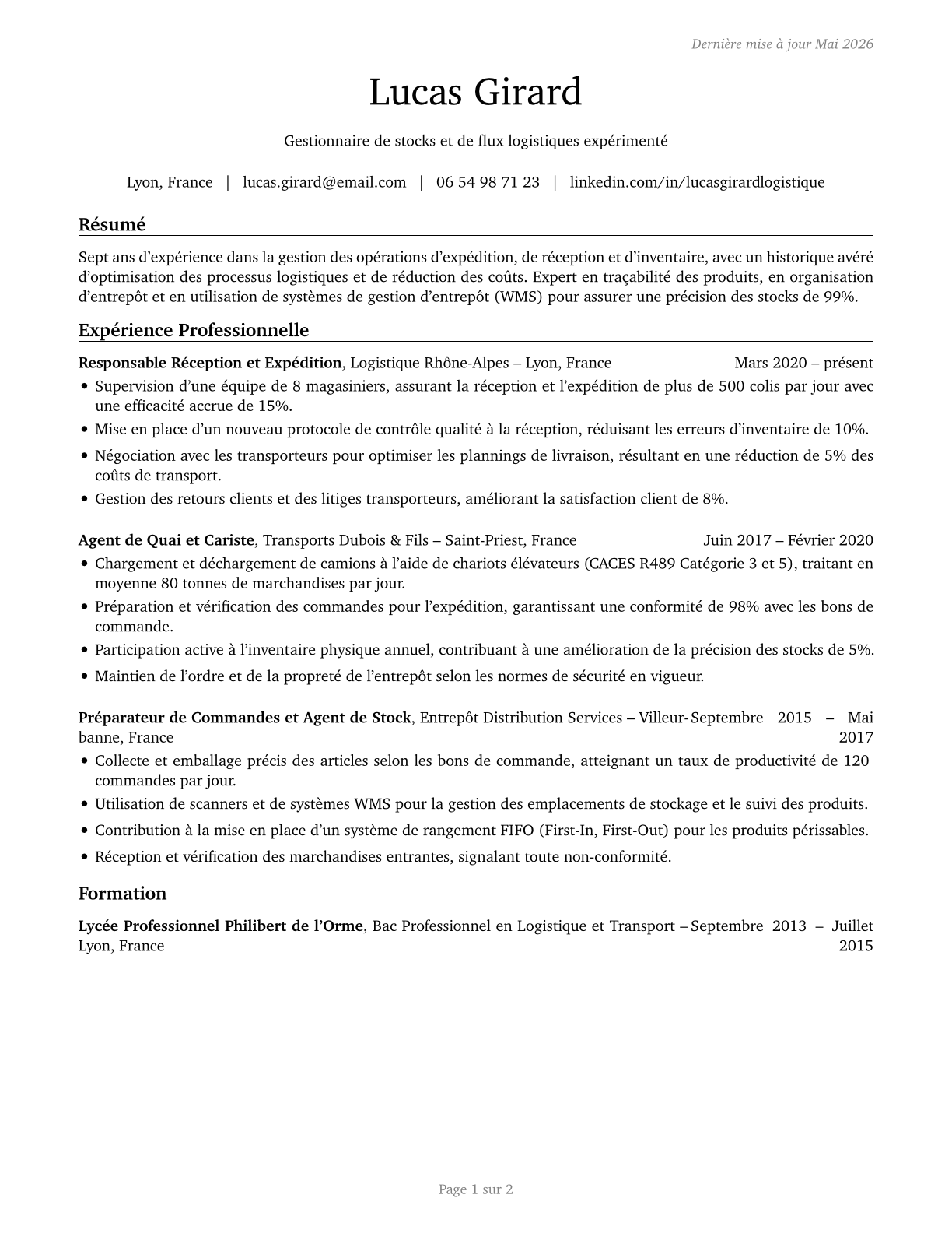 Shipping, Receiving, and Inventory Clerks CV in French — page 1