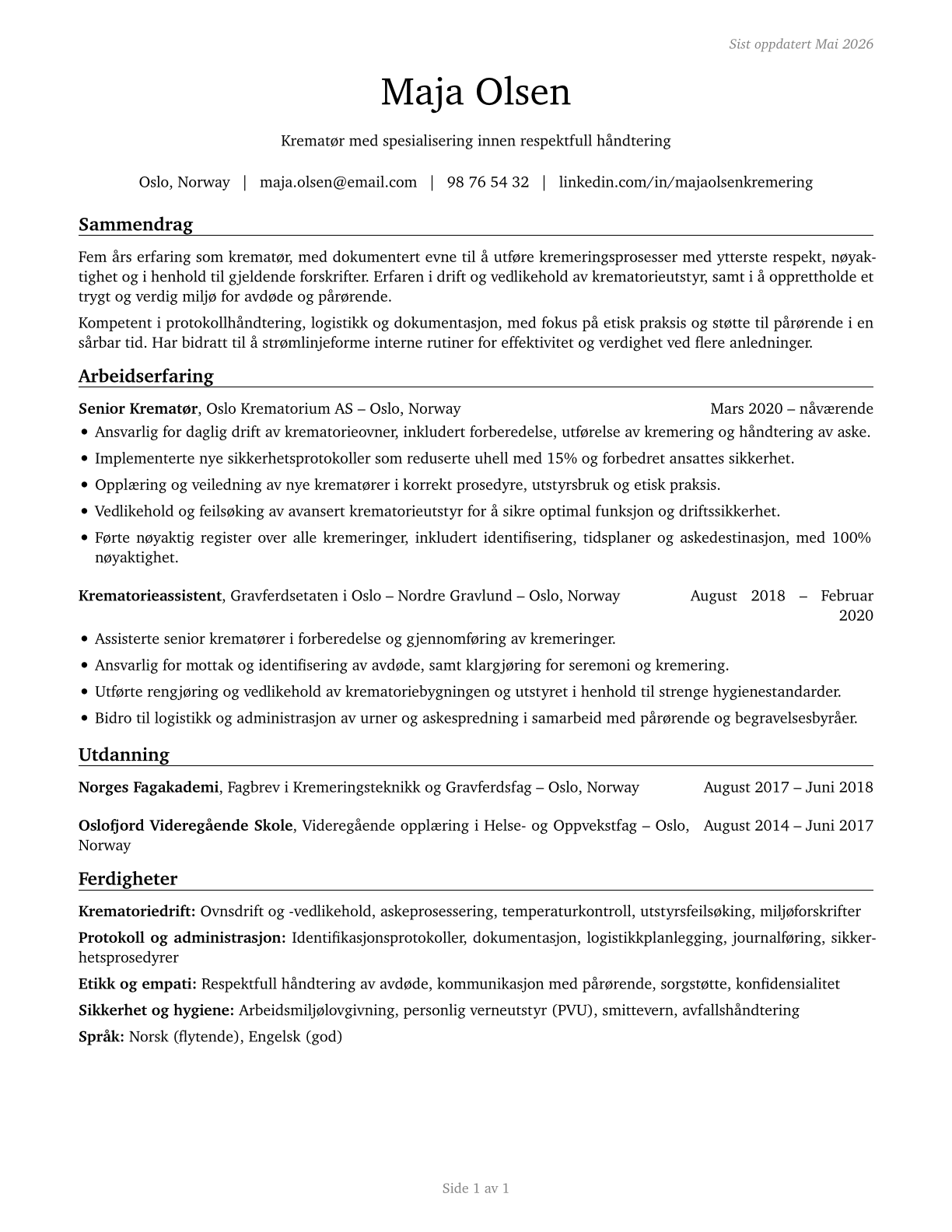 Crematory Operators CV in Norwegian_bokmal — page 1