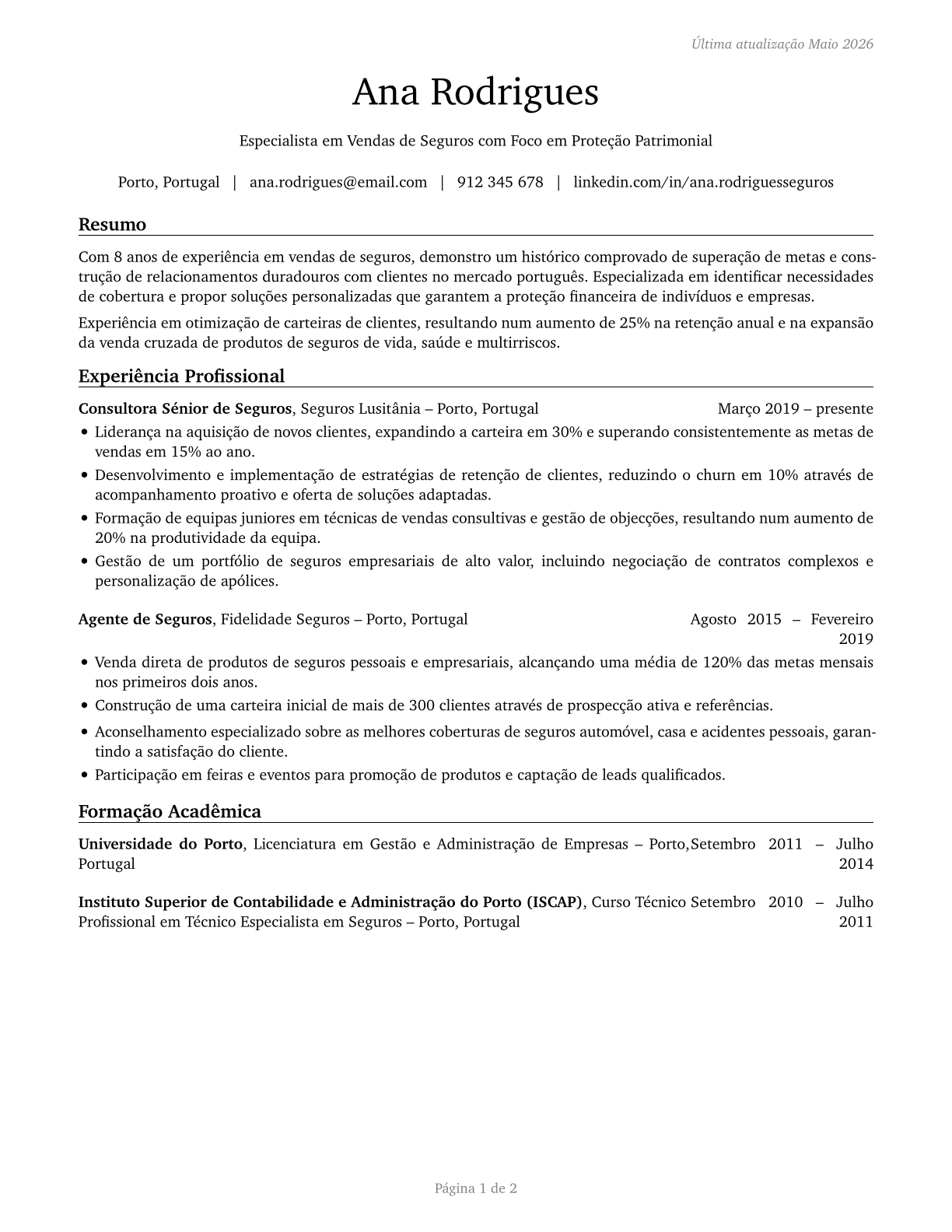 Insurance Sales Agents CV in Portuguese — page 1