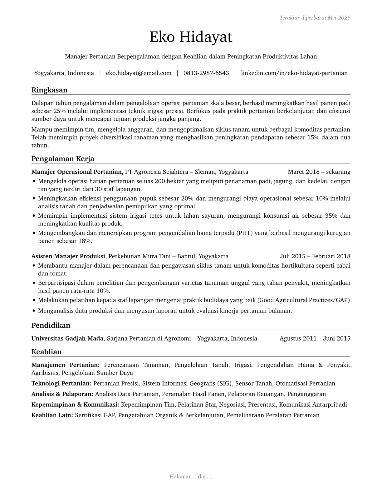 Farmers, Ranchers, and Other Agricultural Managers CV in Indonesian — page 1