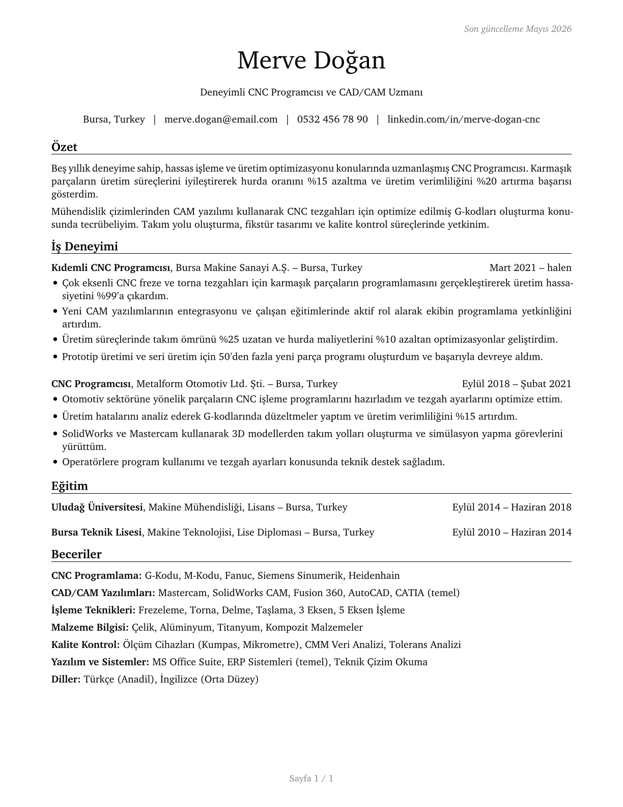 Computer Numerically Controlled Tool Programmers CV in Turkish — page 1