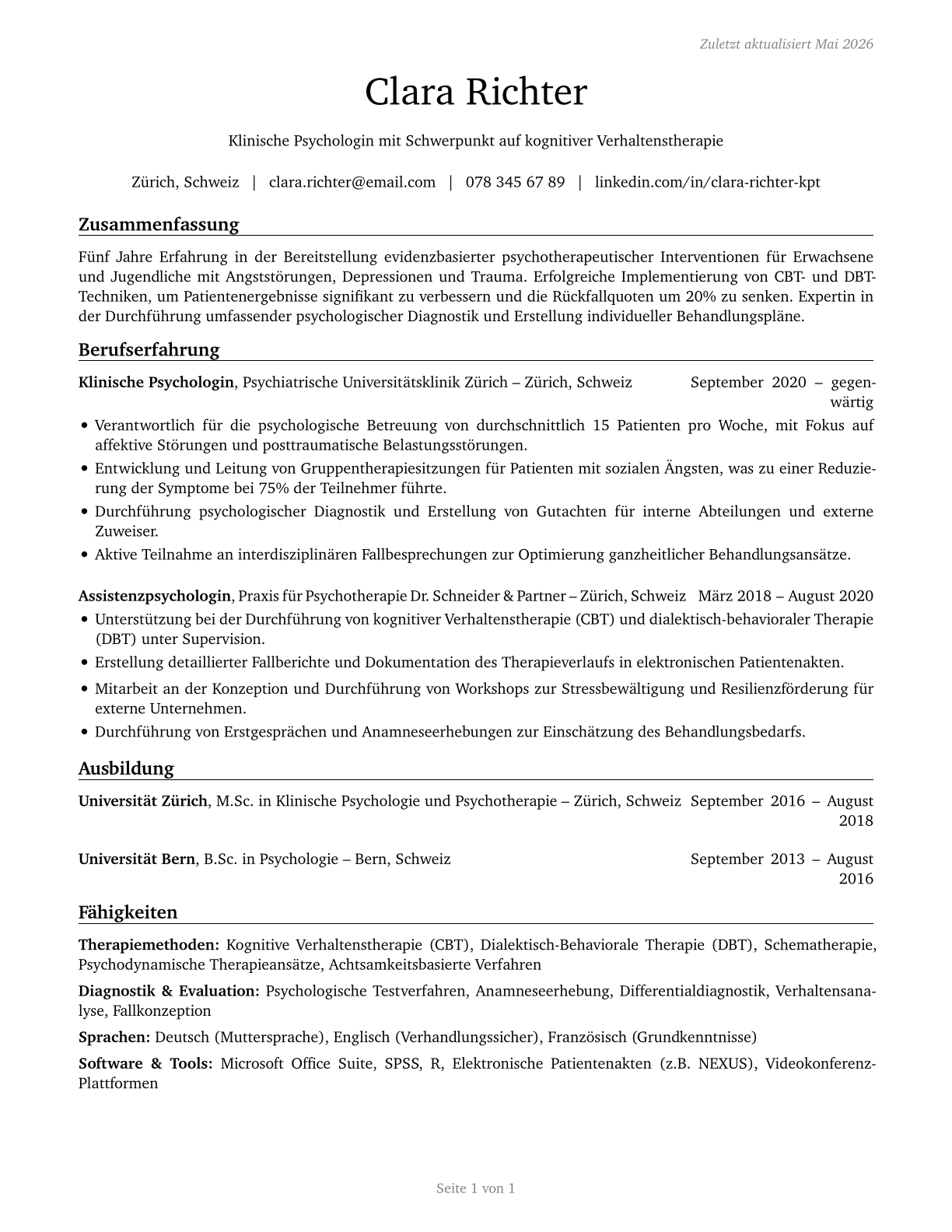 Clinical and Counseling Psychologists CV in German — page 1