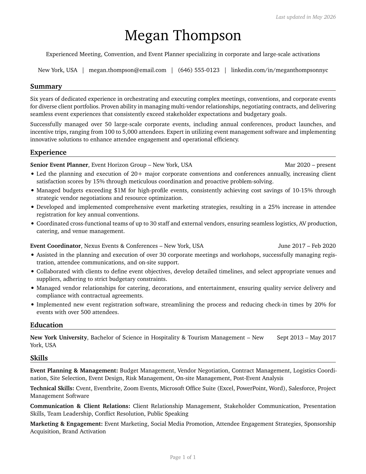Meeting, Convention, and Event Planners CV in English — page 1