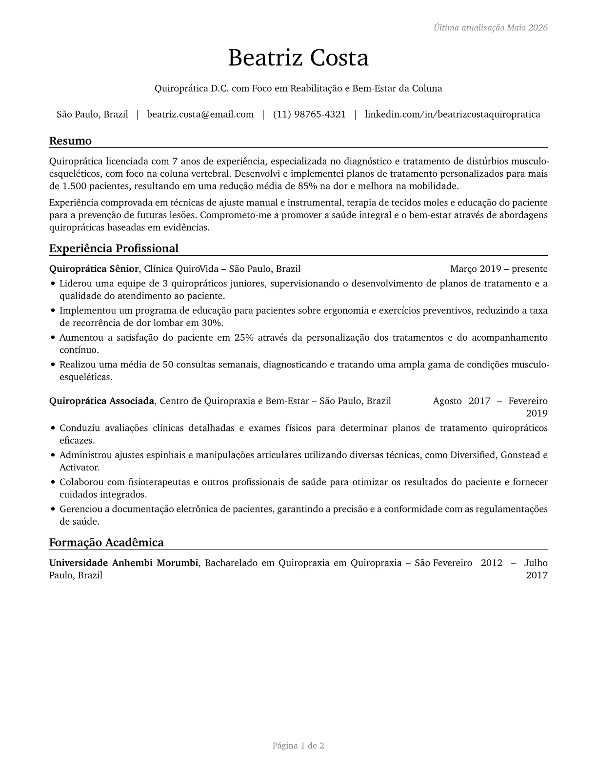 Chiropractors CV in Portuguese — page 1