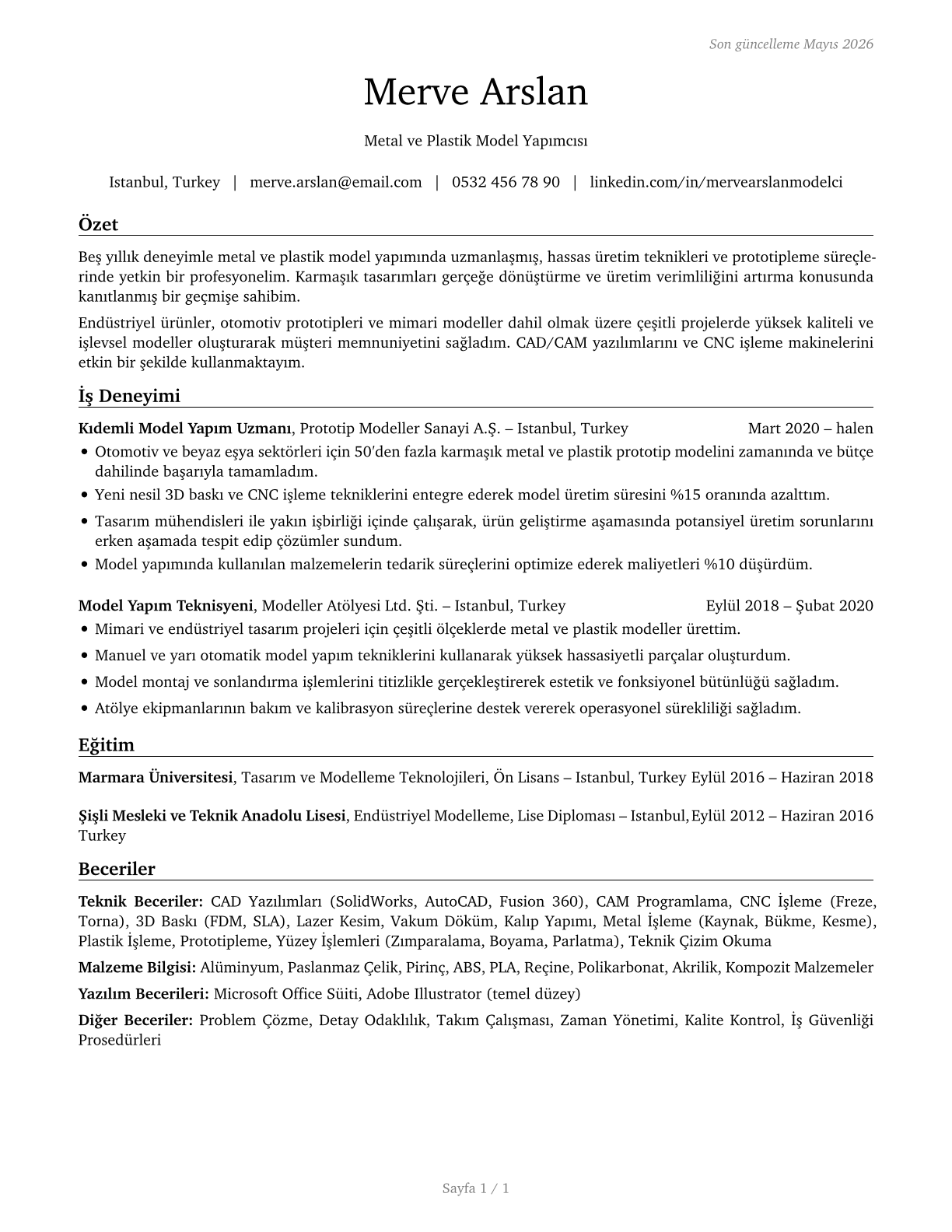 Model Makers, Metal and Plastic CV in Turkish — page 1
