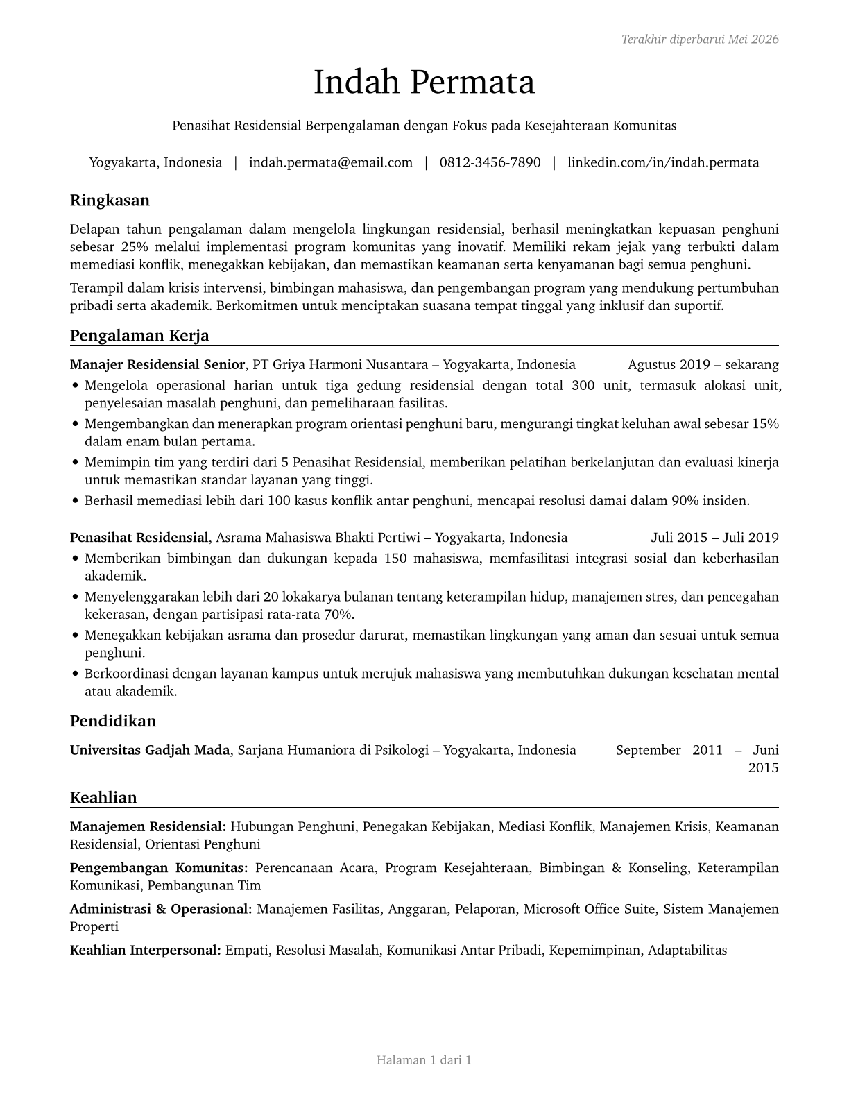 Residential Advisors CV in Indonesian — page 1
