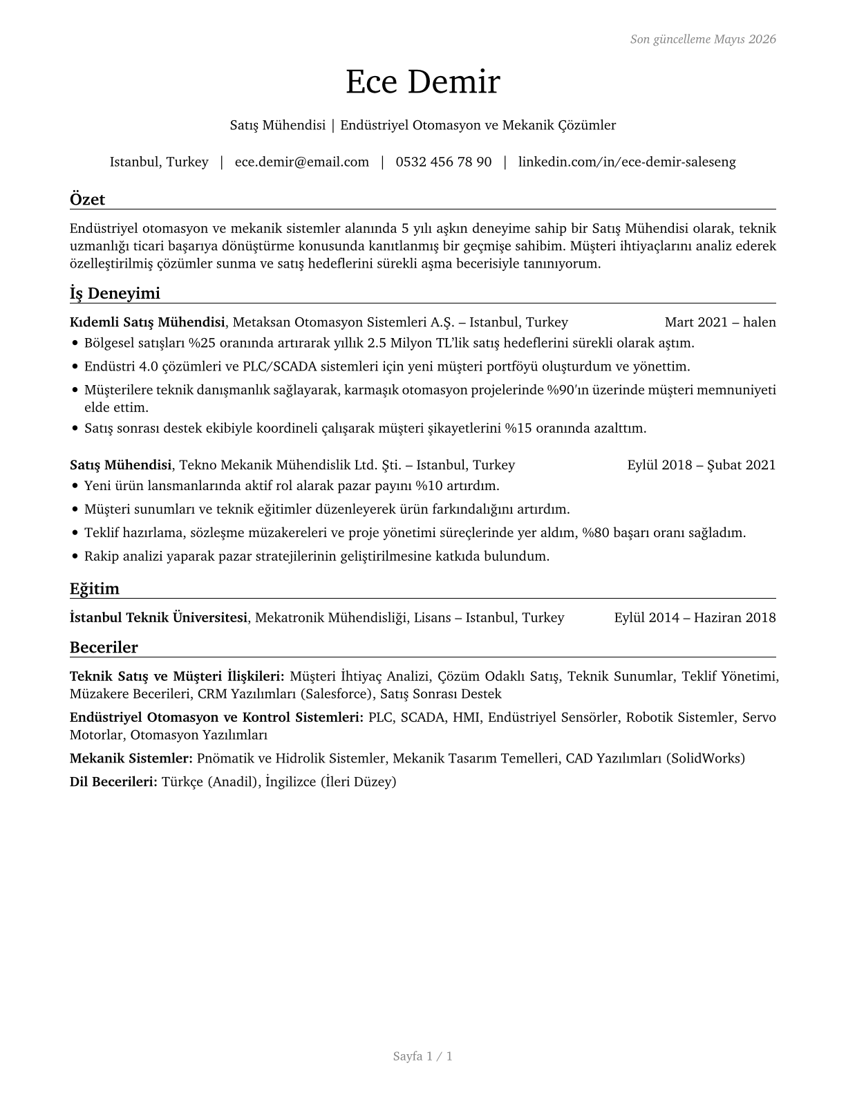 Sales Engineers CV in Turkish — page 1