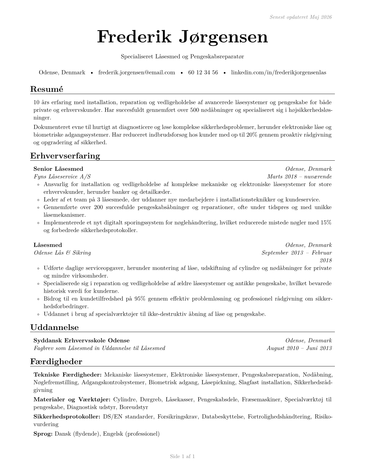 Locksmiths and Safe Repairers CV in Danish — page 1