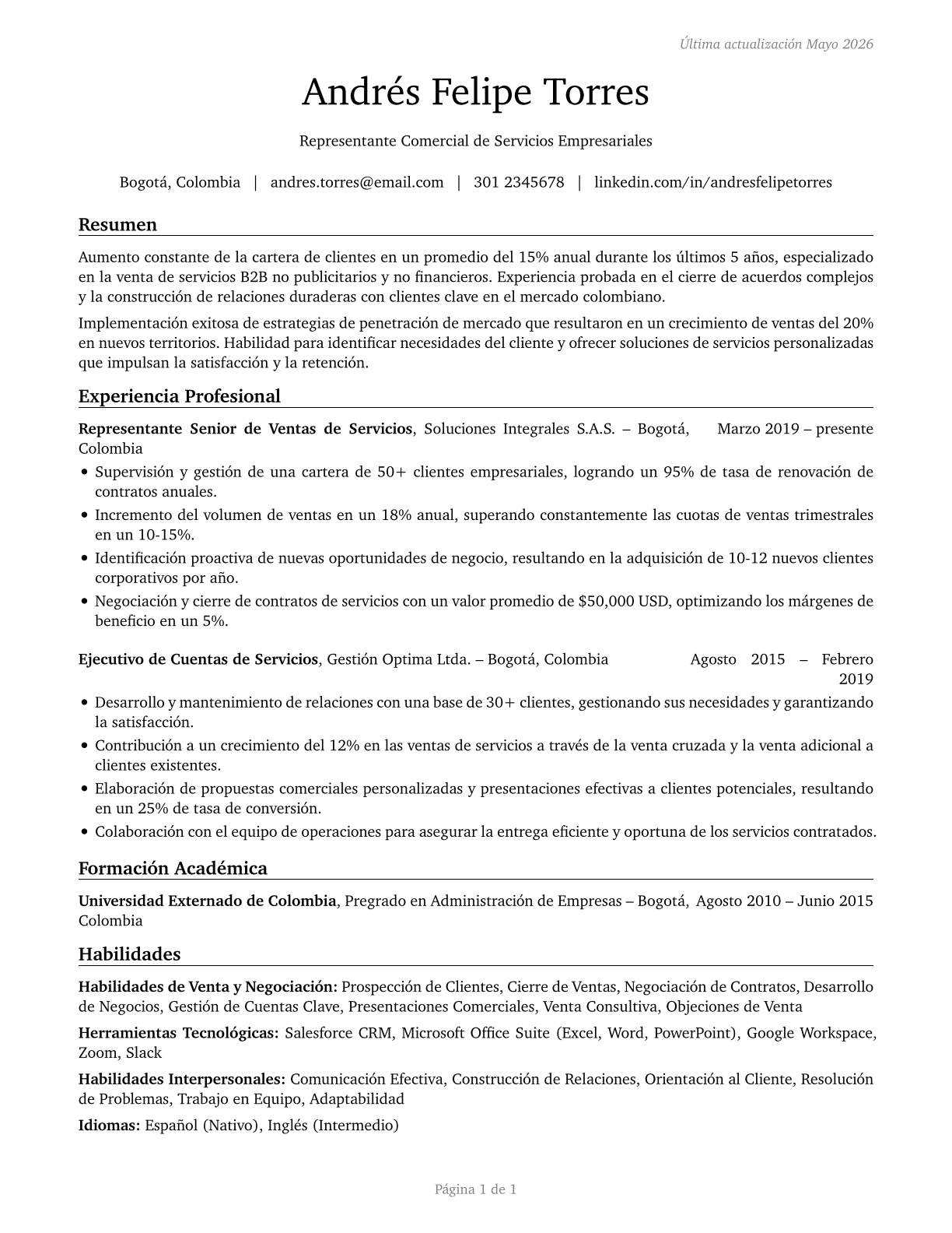 Sales Representatives of Services, Except Advertising, Insurance, Financial Services, and Travel CV in Spanish — page 1