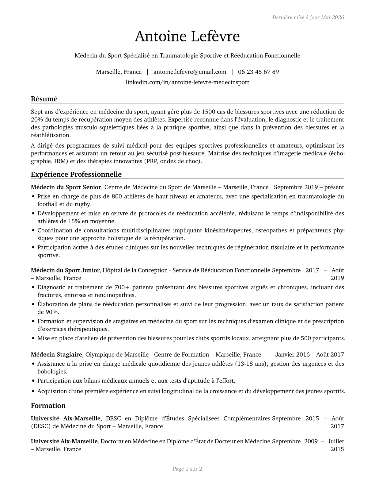 Sports Medicine Physicians CV in French — page 1