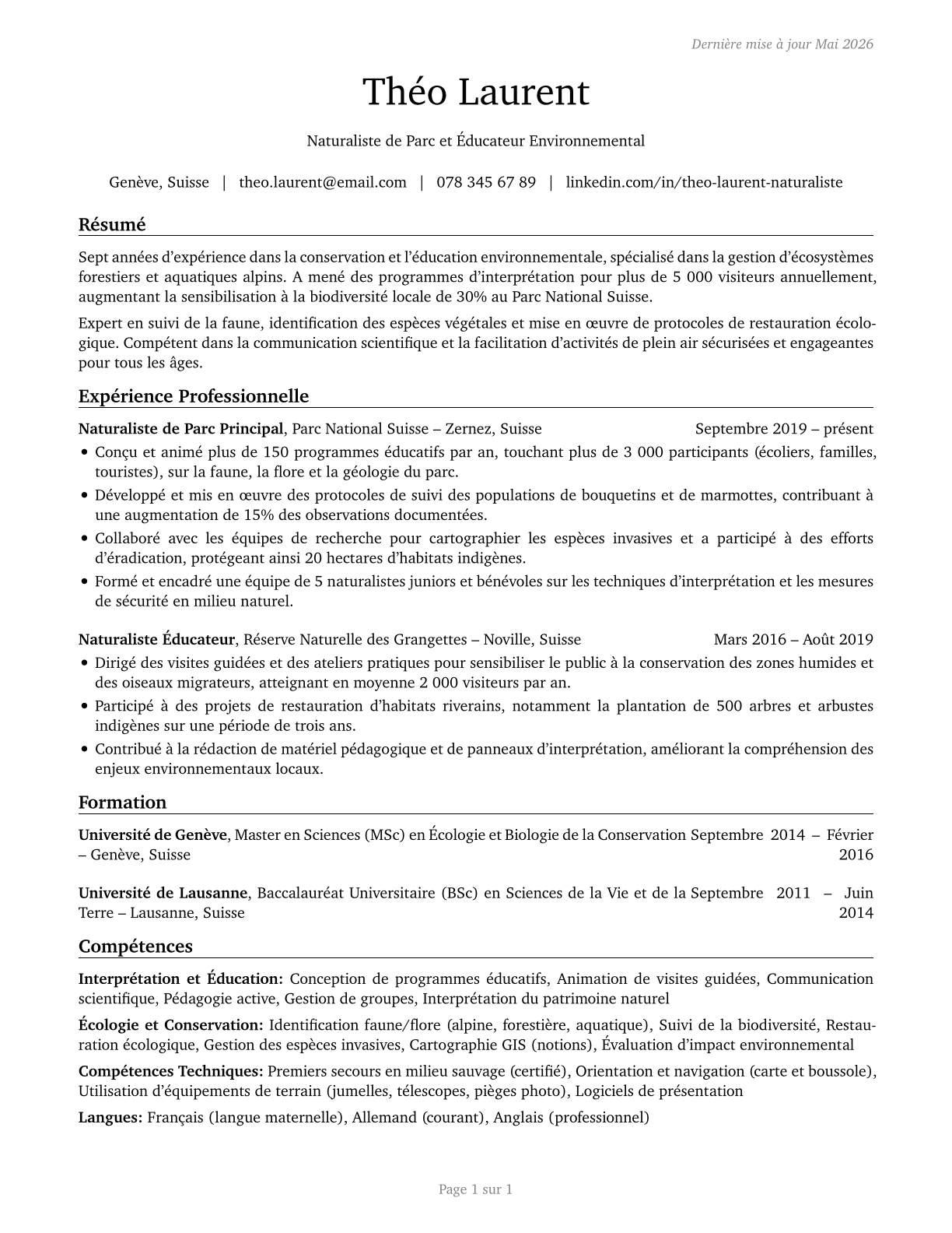 Park Naturalists CV in French — page 1