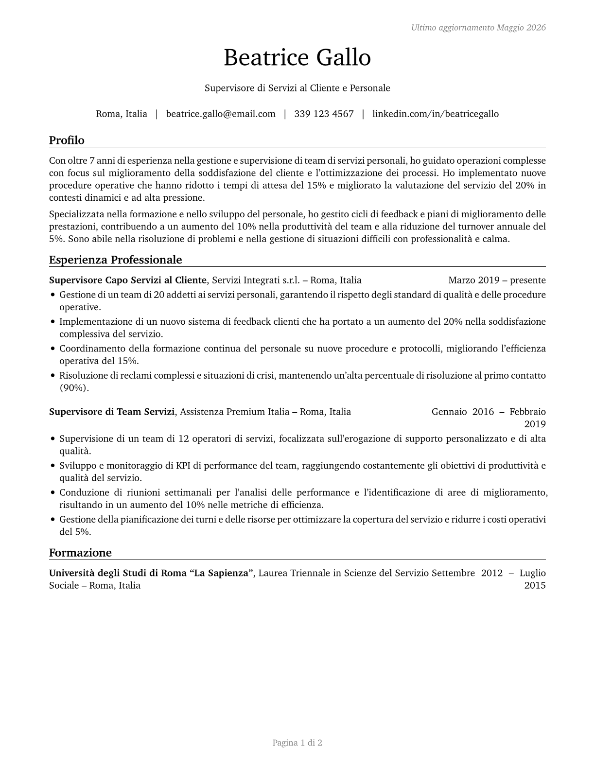 First-Line Supervisors of Personal Service Workers CV in Italian — page 1