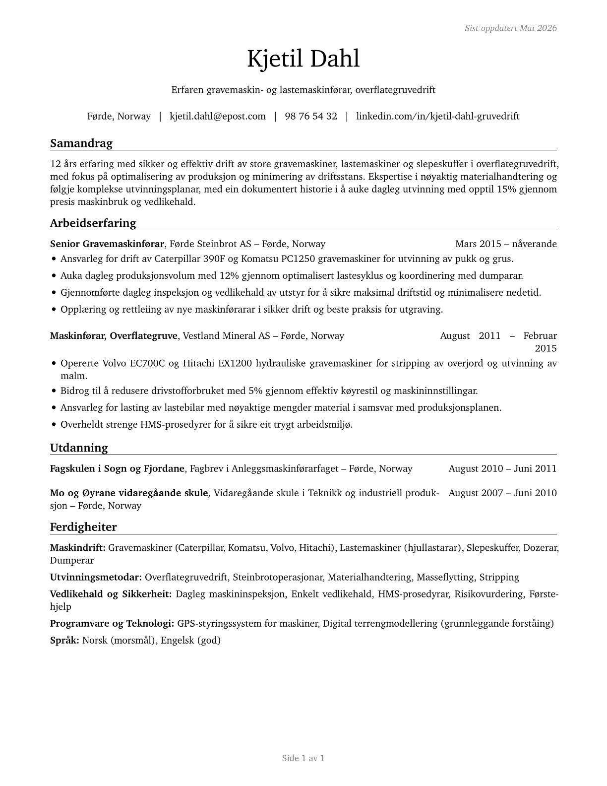 Excavating and Loading Machine and Dragline Operators, Surface Mining CV in Norwegian_nynorsk — page 1