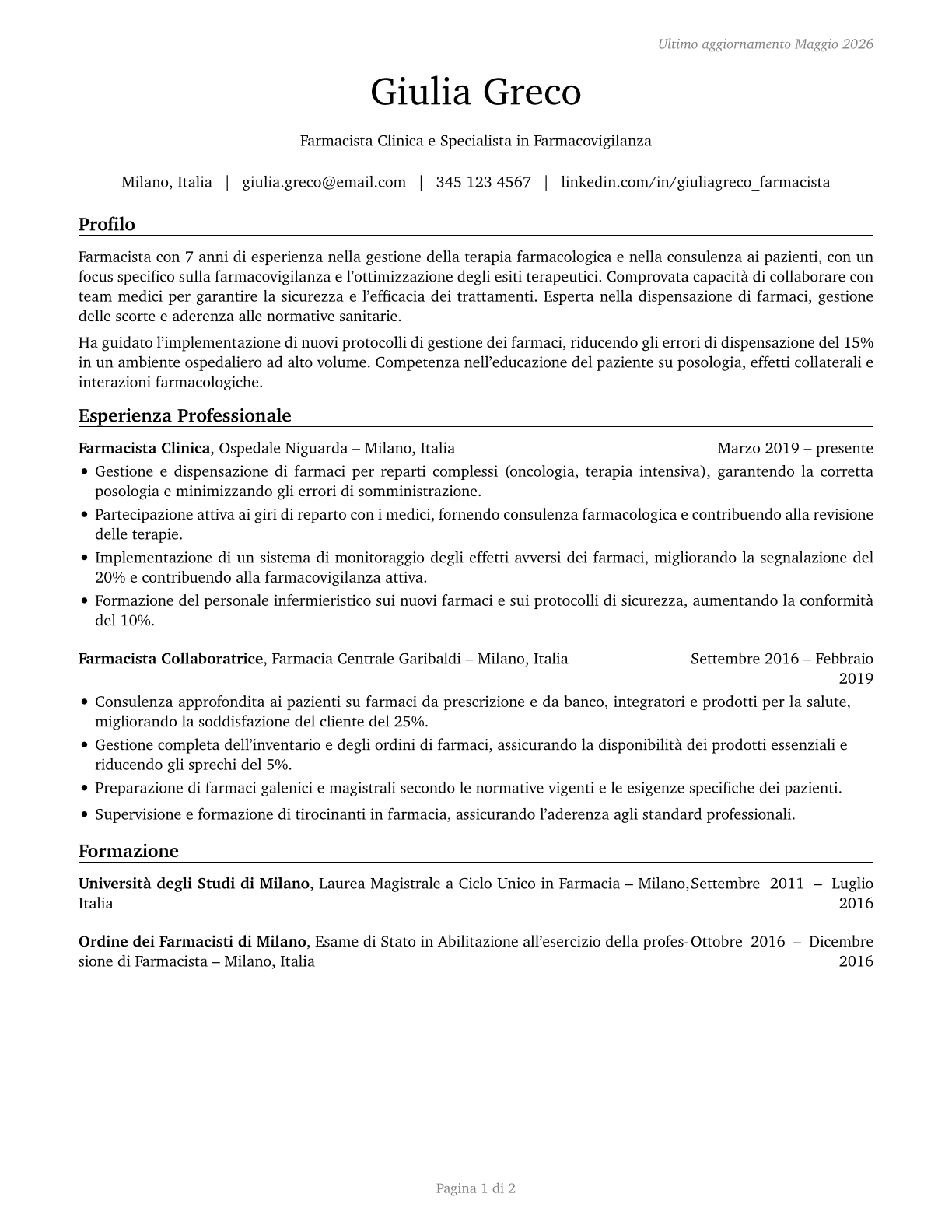 Pharmacists CV in Italian — page 1