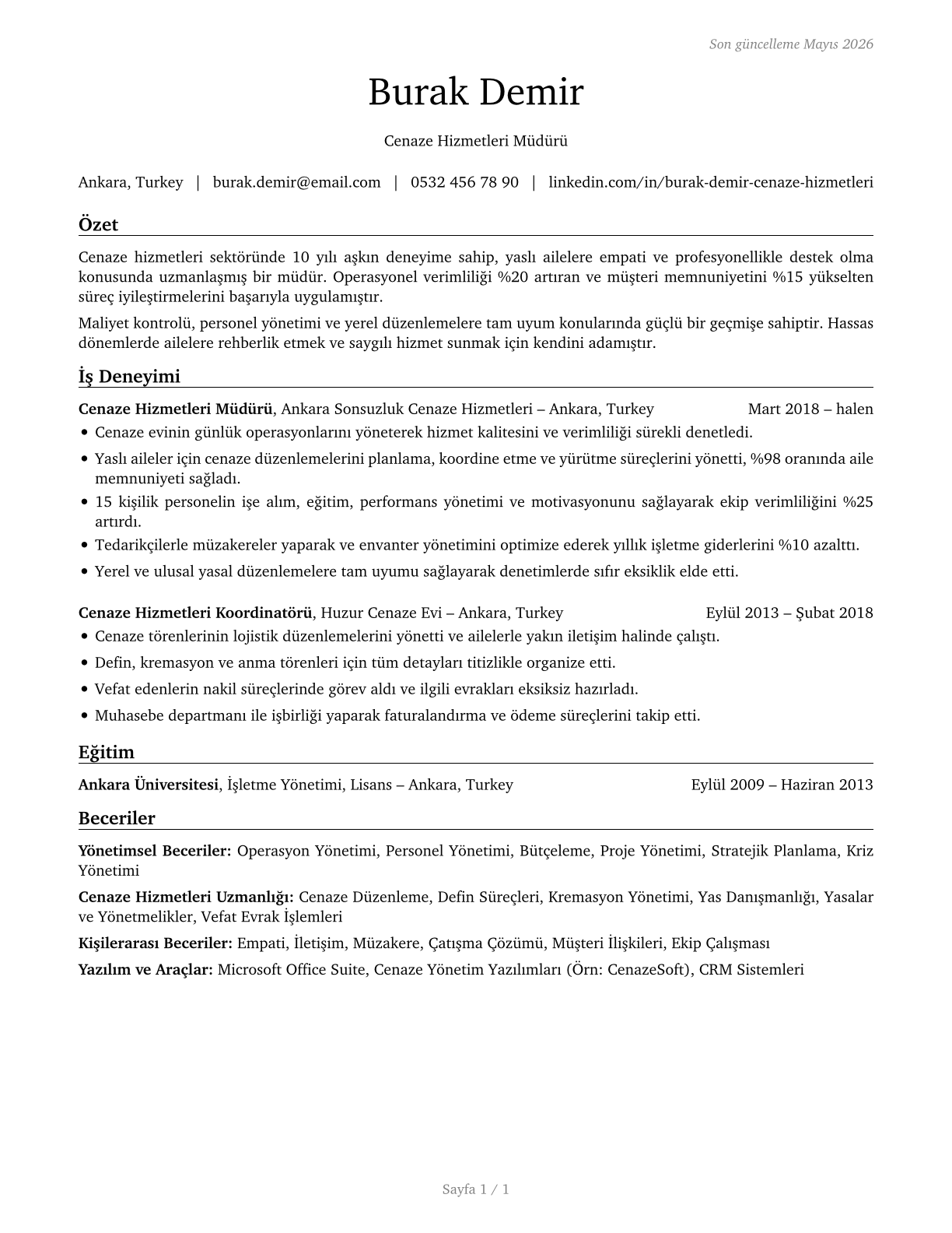 Funeral Home Managers CV in Turkish — page 1