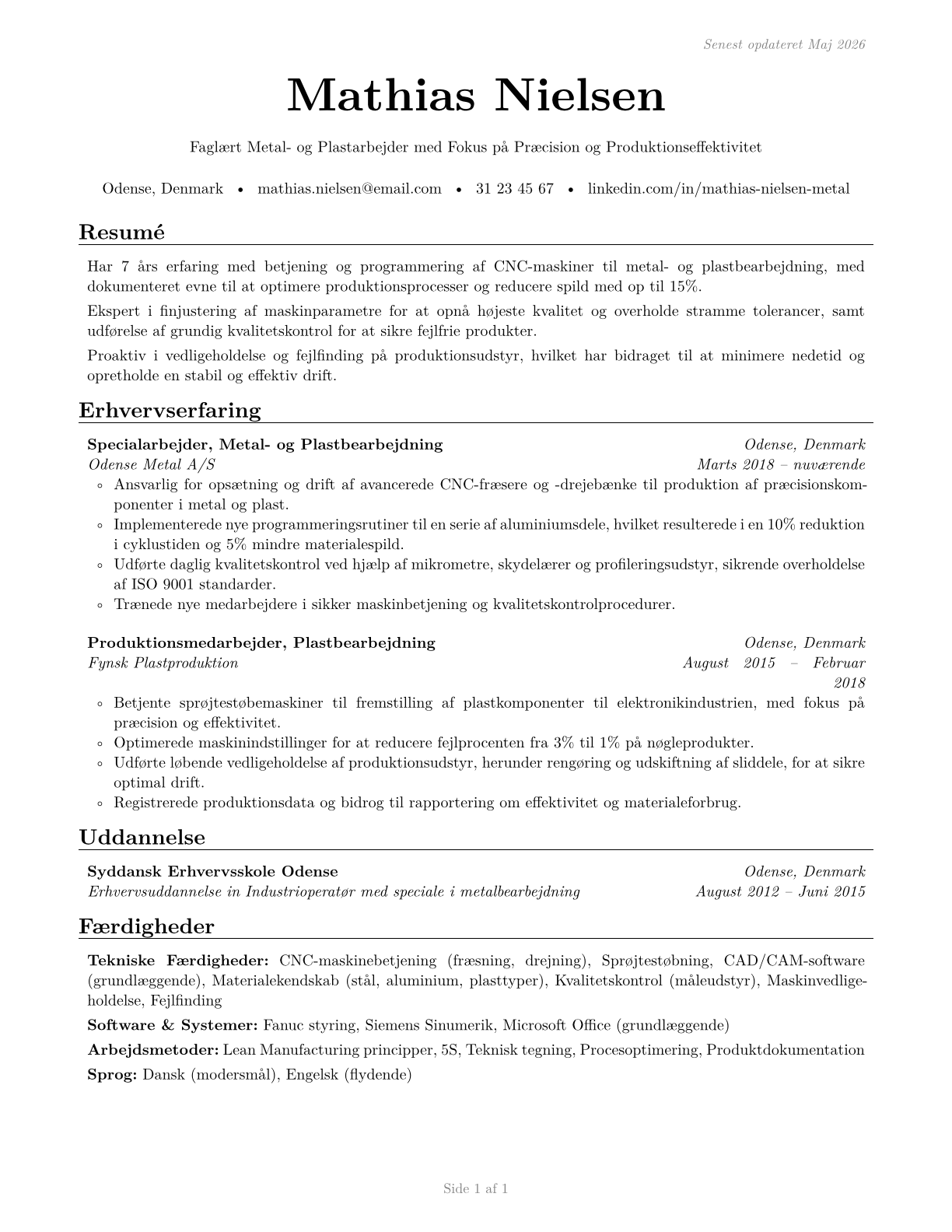 Metal Workers and Plastic Workers, All Other CV in Danish — page 1