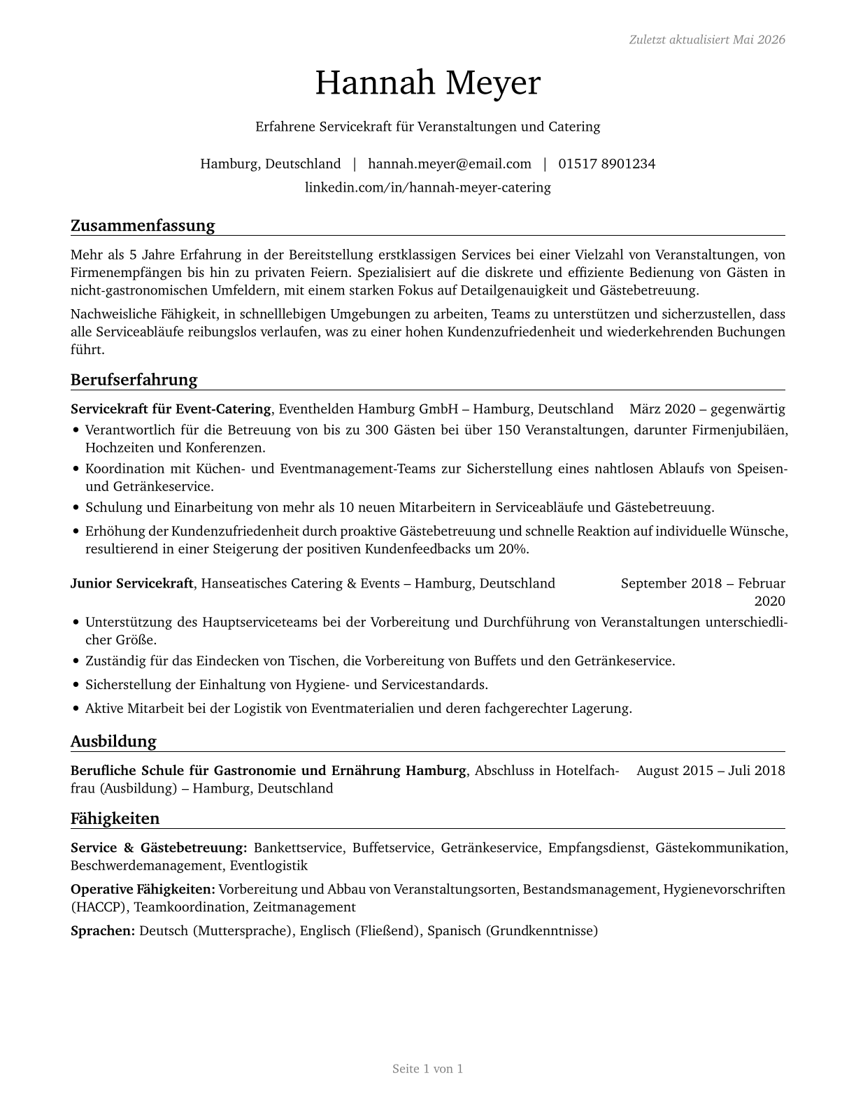 Food Servers, Nonrestaurant CV in German — page 1