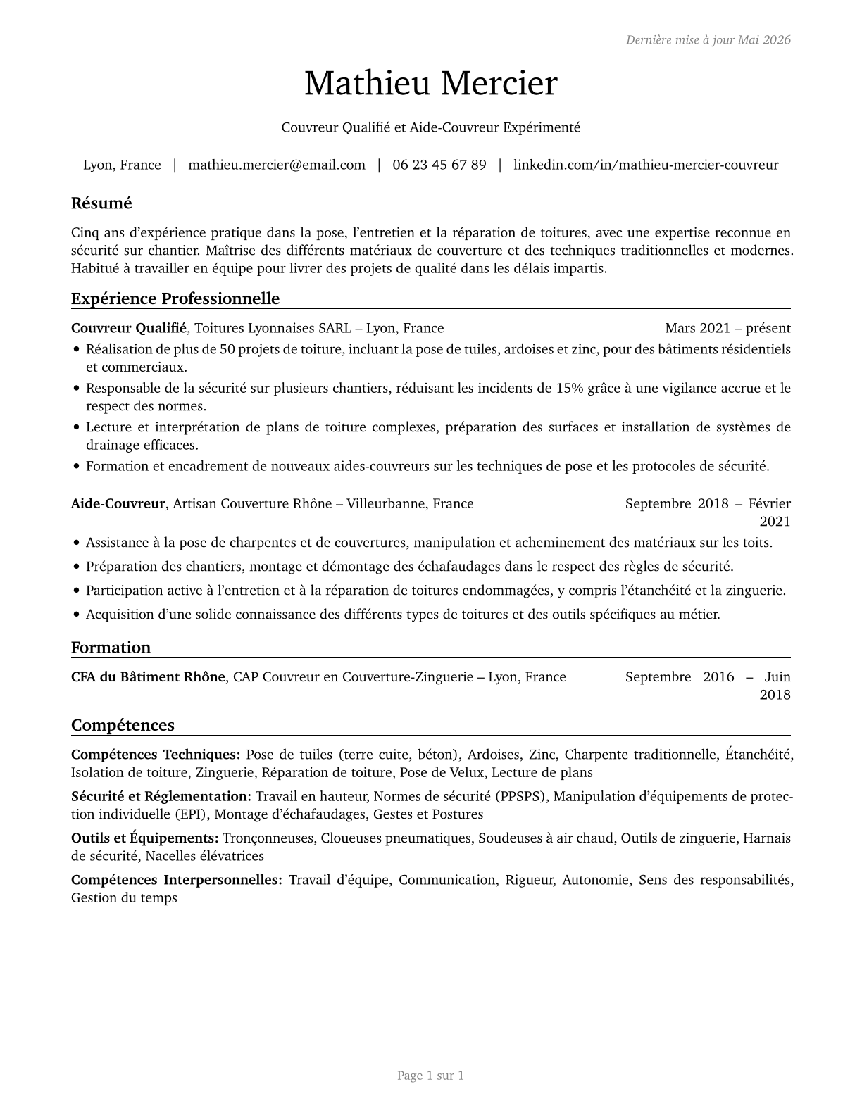 Helpers--Roofers CV in French — page 1