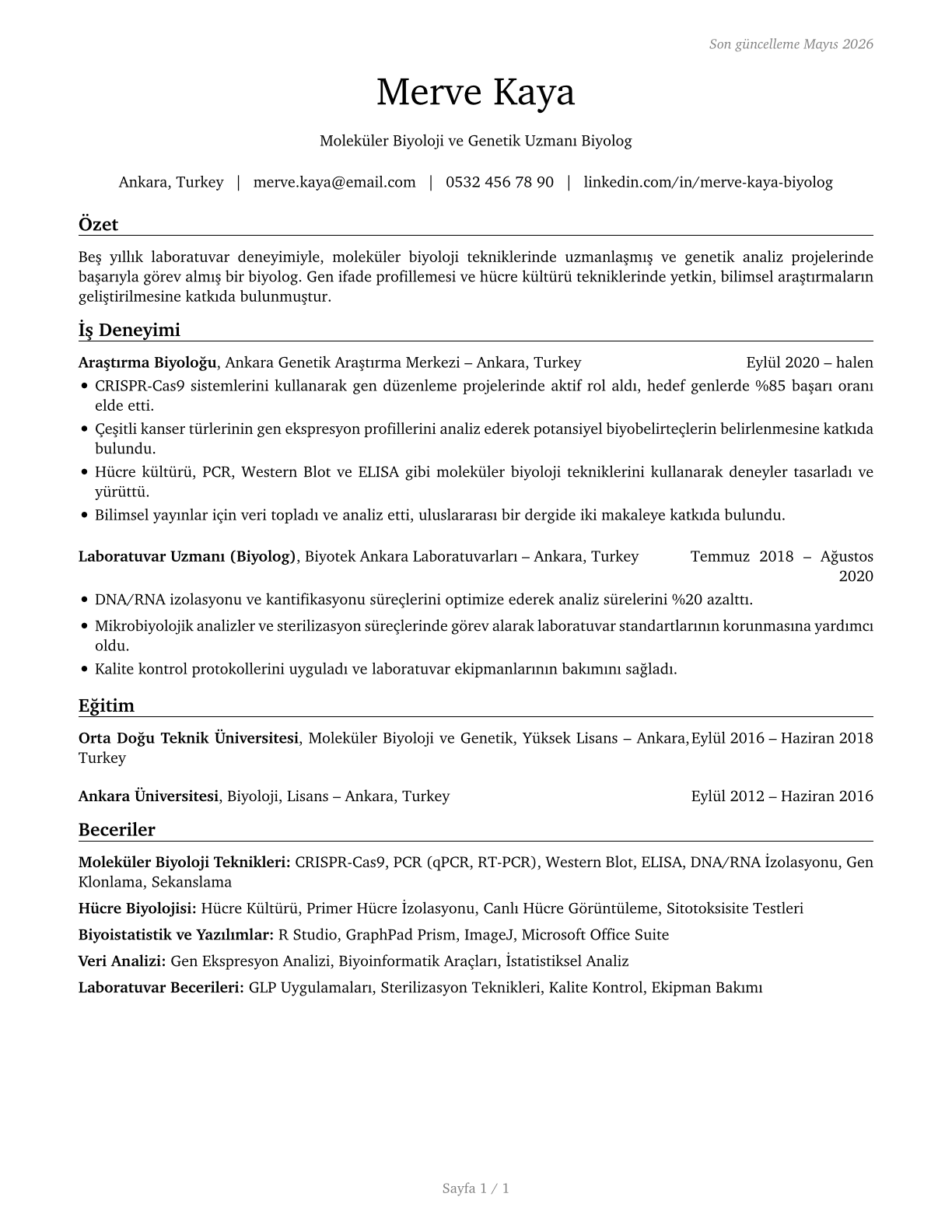 Biologists CV in Turkish — page 1