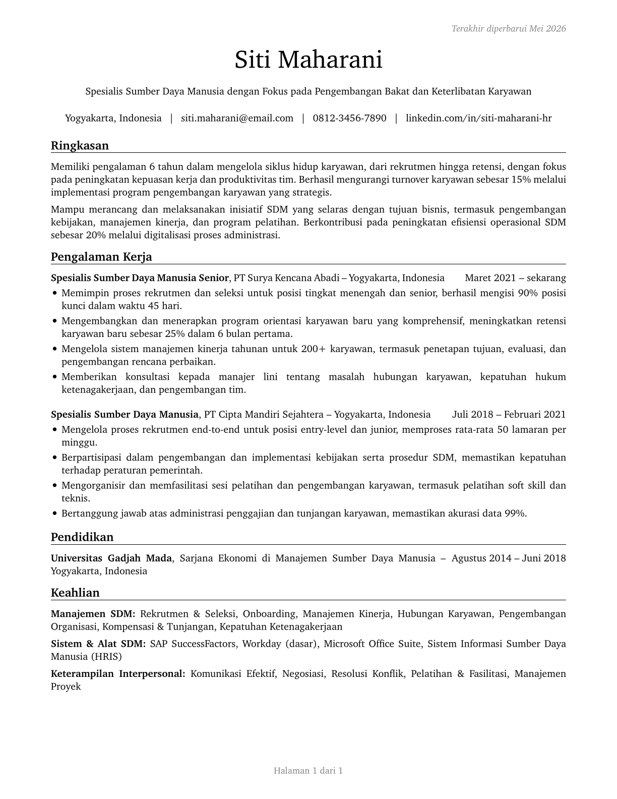 Human Resources Specialists CV in Indonesian — page 1