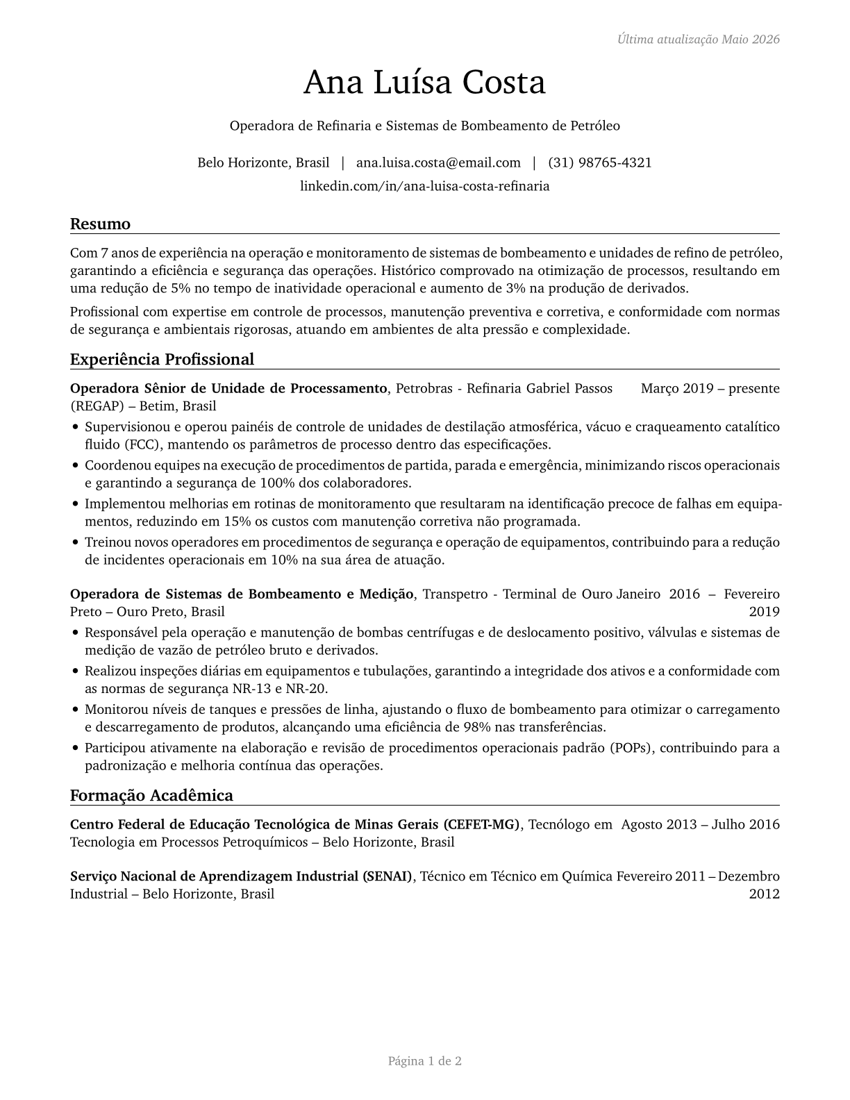 Petroleum Pump System Operators, Refinery Operators, and Gaugers CV in Portuguese — page 1