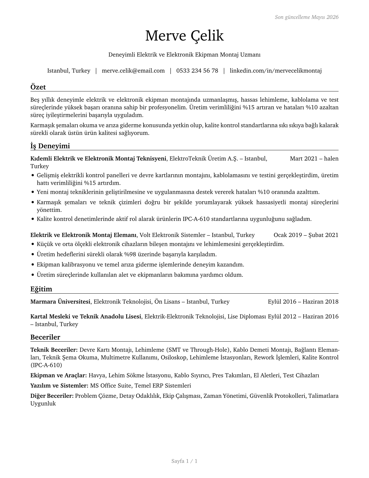 Electrical and Electronic Equipment Assemblers CV in Turkish — page 1