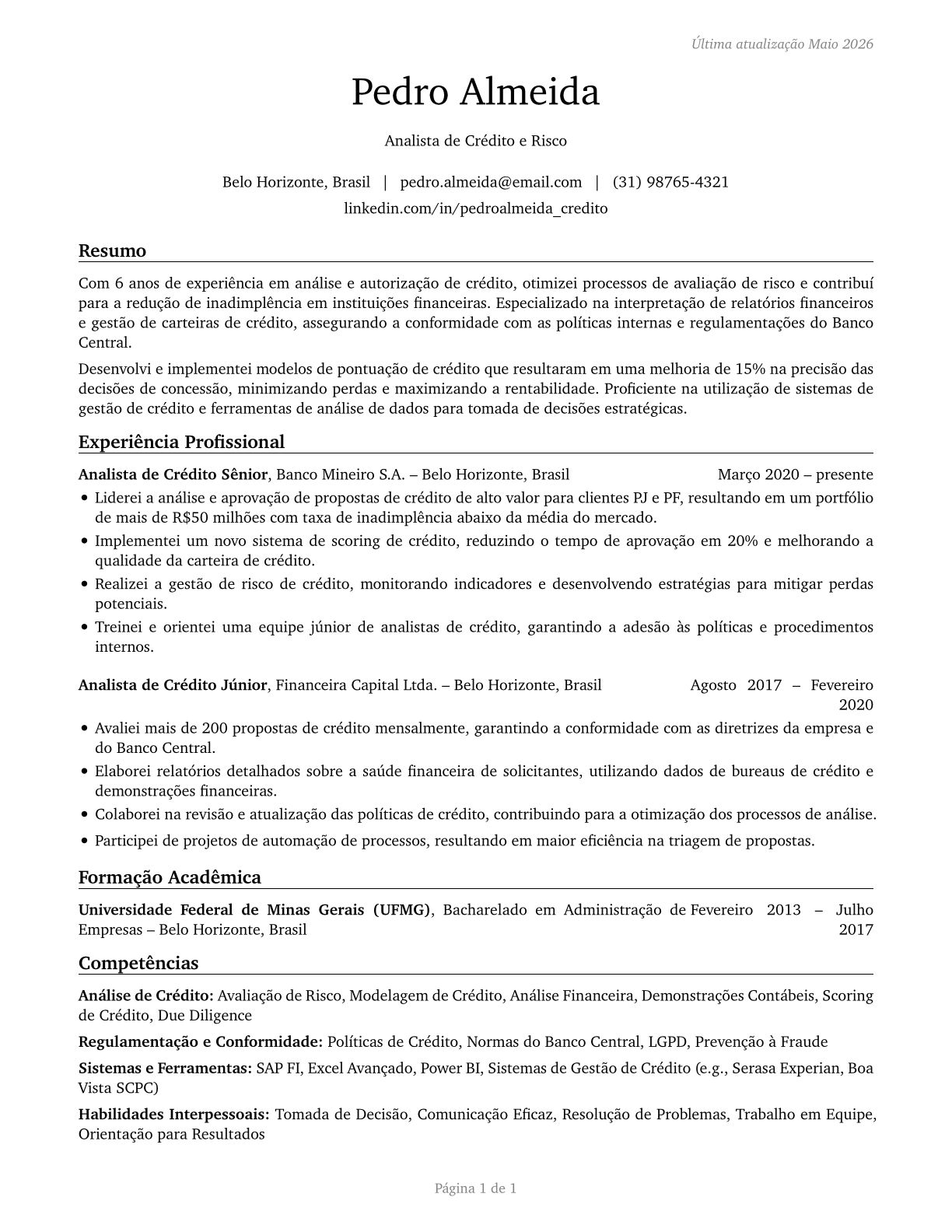 Credit Authorizers, Checkers, and Clerks CV in Portuguese — page 1