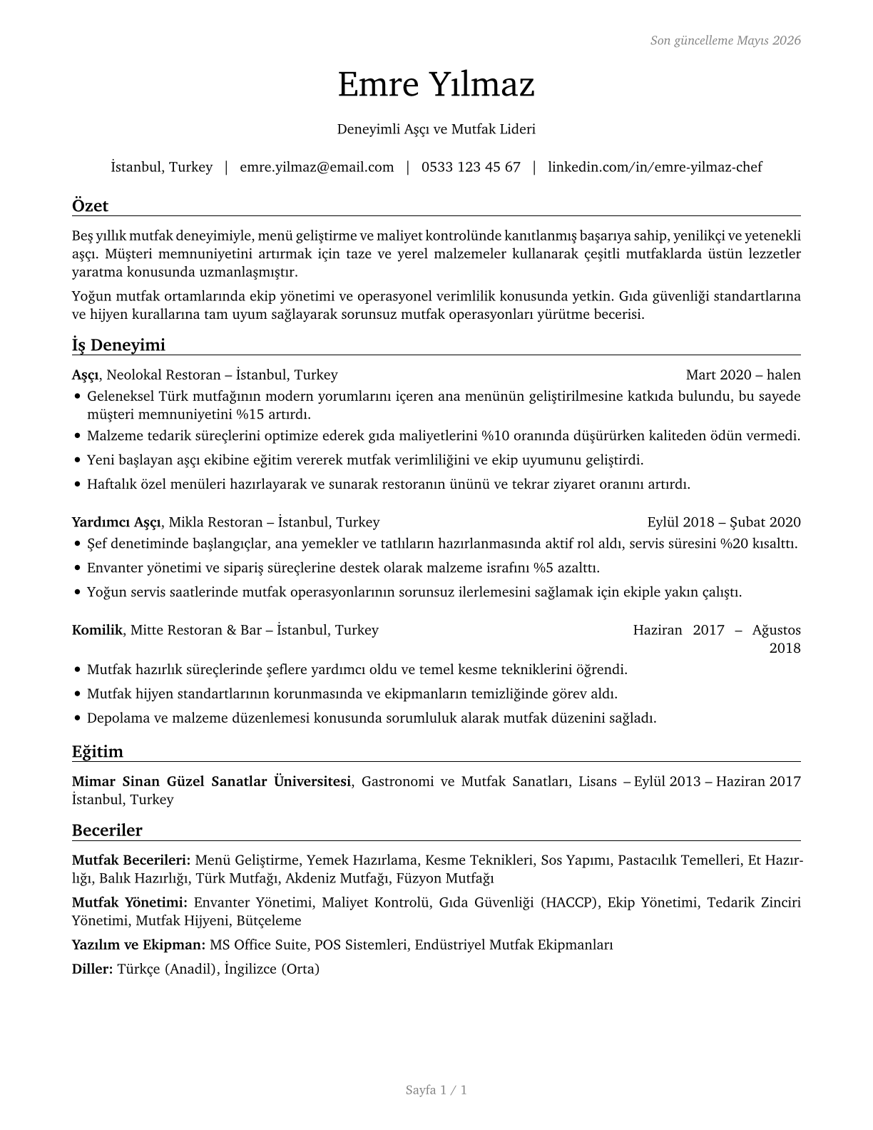 Cooks, All Other CV in Turkish — page 1
