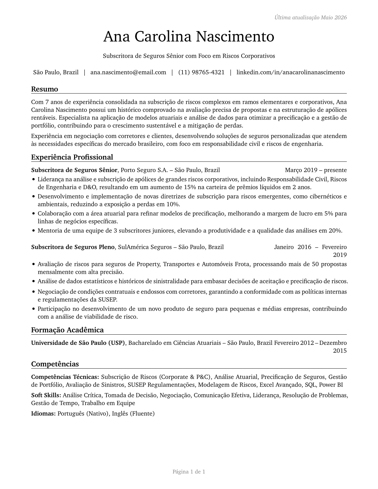 Insurance Underwriters CV in Portuguese — page 1