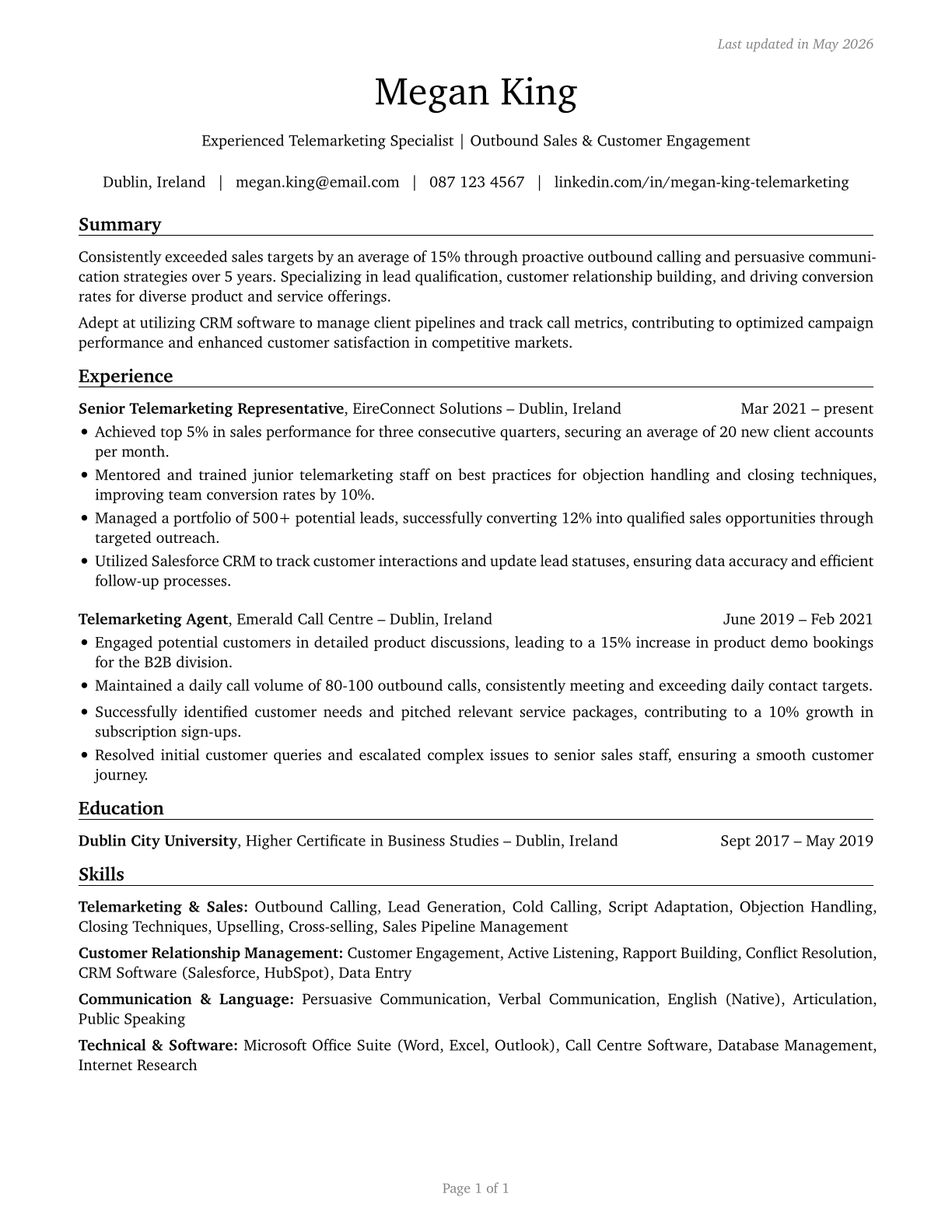 Telemarketers CV in English — page 1