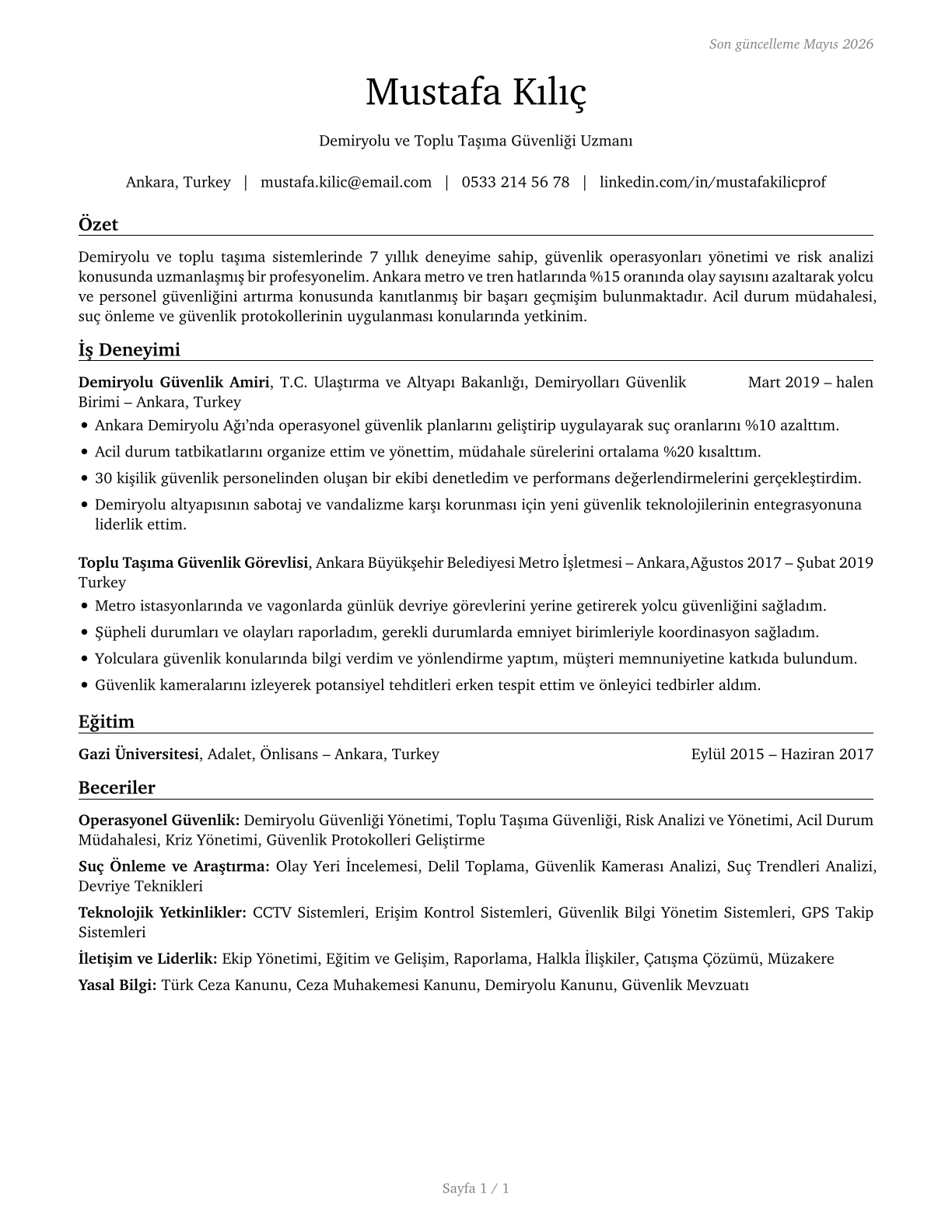 Transit and Railroad Police CV in Turkish — page 1