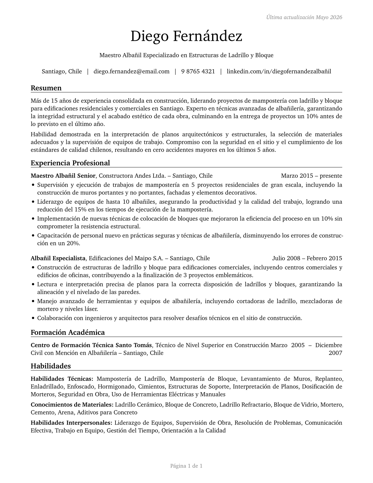 Brickmasons and Blockmasons CV in Spanish — page 1
