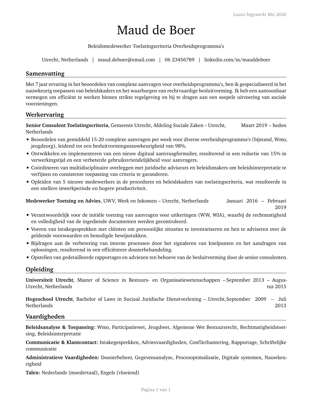 Eligibility Interviewers, Government Programs CV in Dutch — page 1