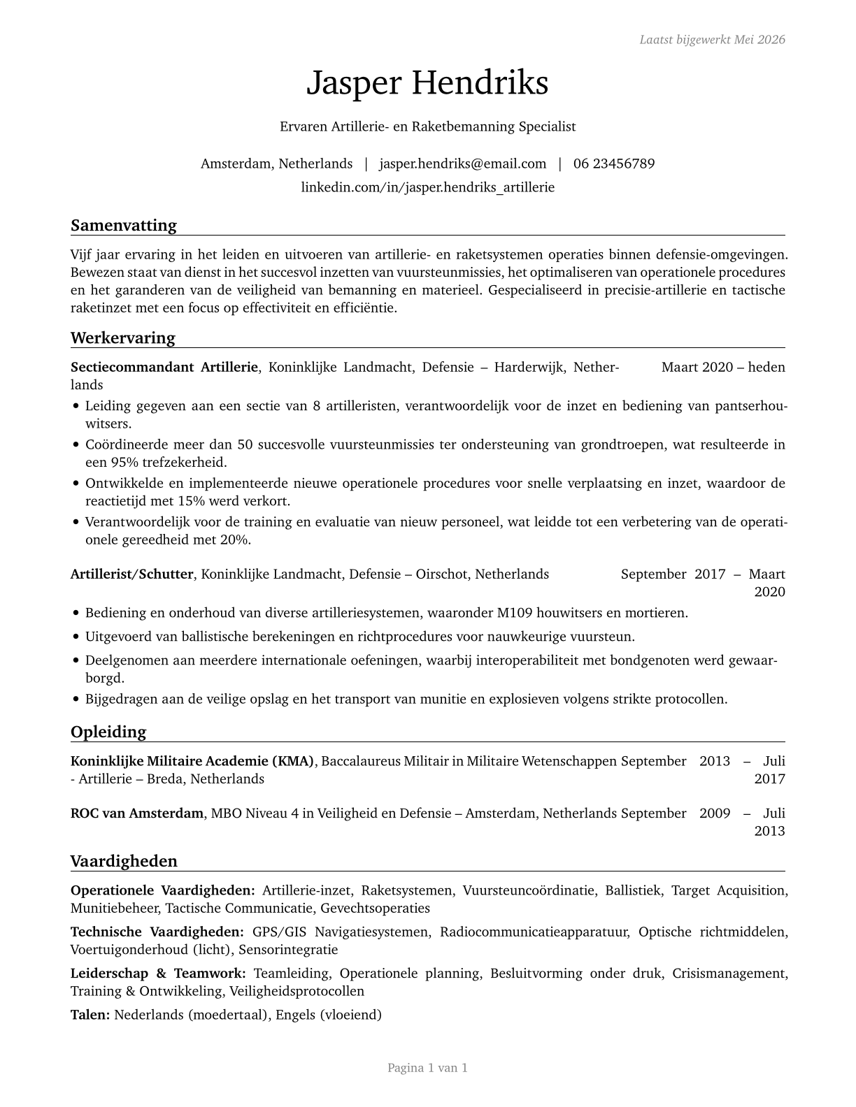 Artillery and Missile Crew Members CV in Dutch — page 1